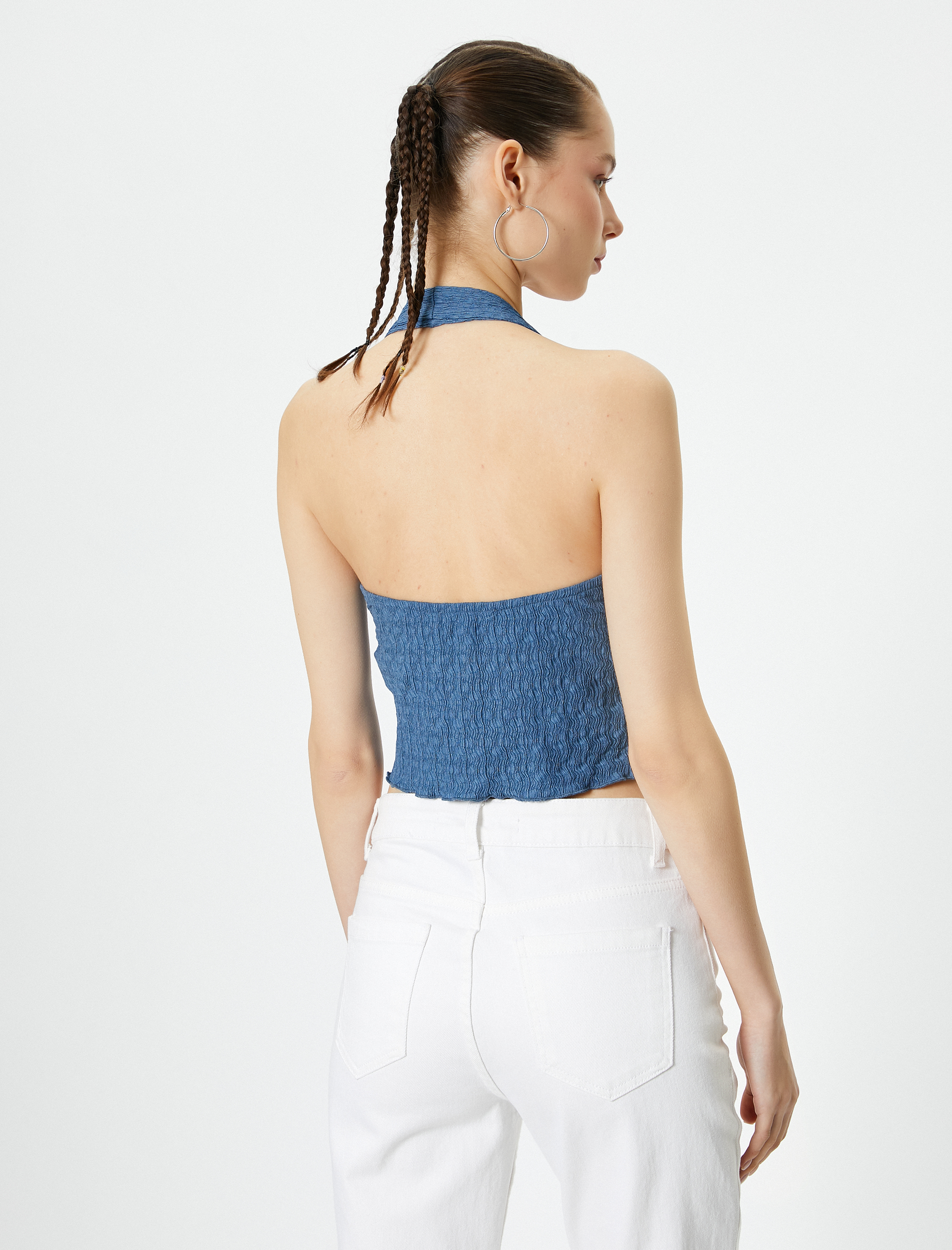   Crop Üst Sırt Dekolteli Boyundan Kalın Askılı Dokulu Derin V Yaka Bürümcük