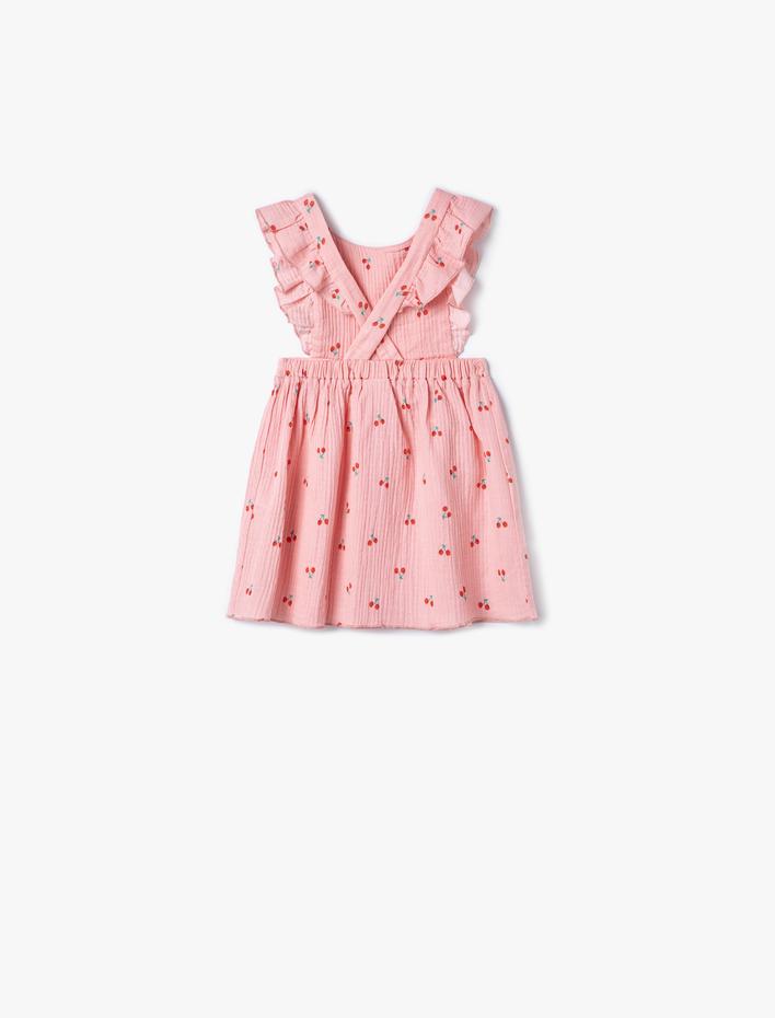 Kız Bebek Parti Elbisesi Kolsuz Fırfırlı Kiraz Baskılı Dokulu