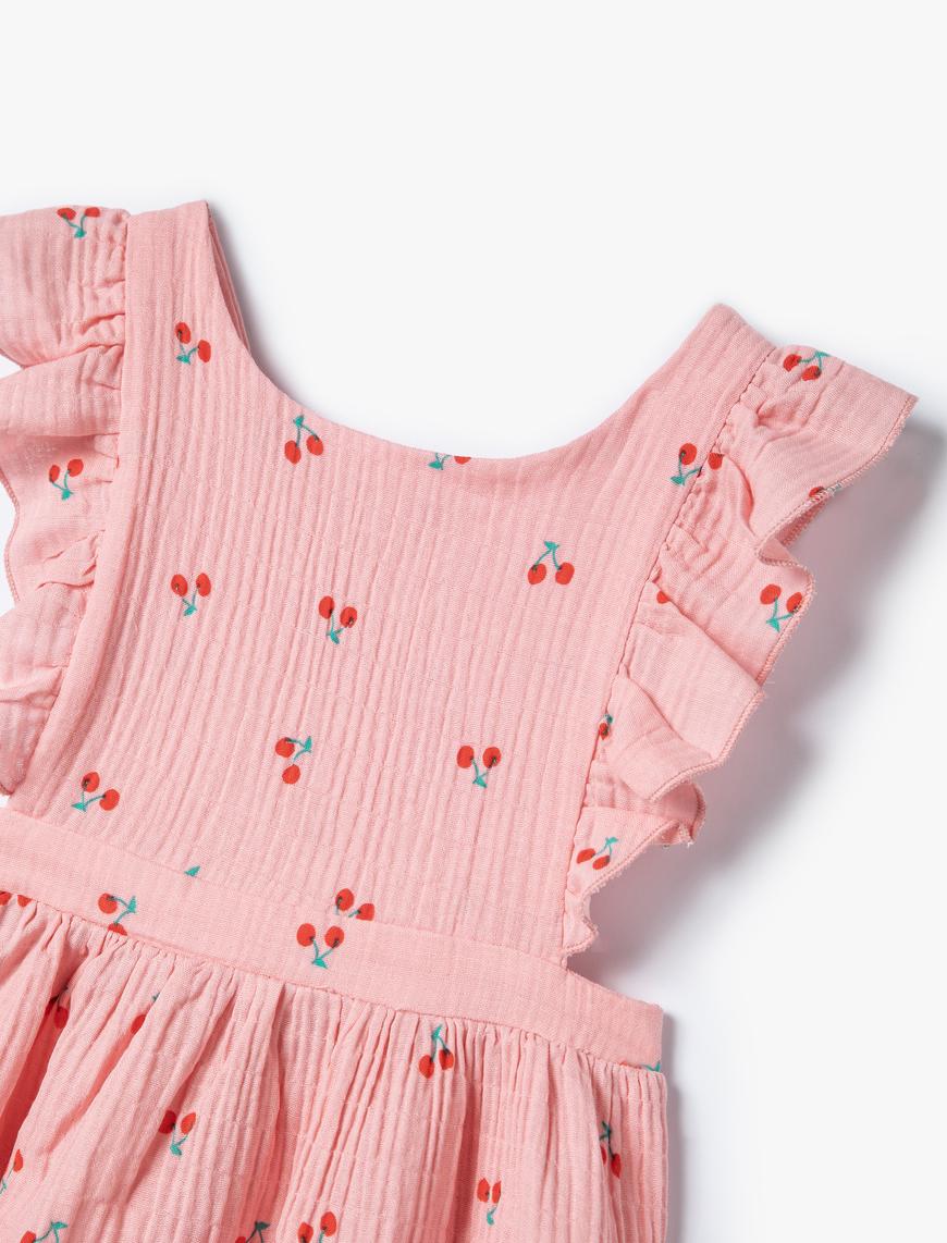  Kız Bebek Elbise Kolsuz Fırfırlı Kiraz Baskılı Dokulu
