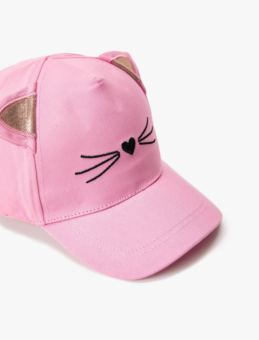  Kız Çocuk Kedili Kep Şapka Aplike Detaylı Pamuklu