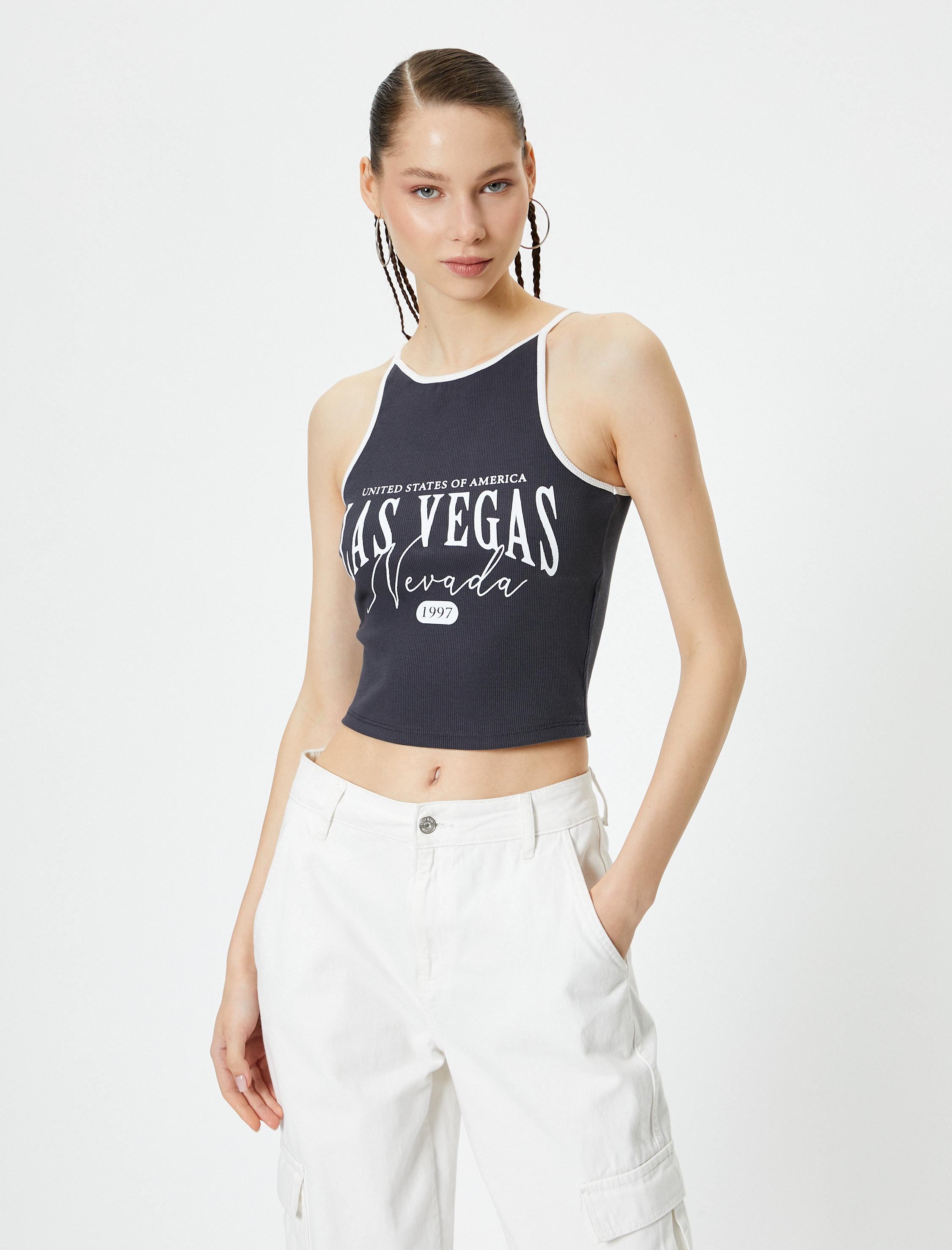   Halter Yaka Üst Baskılı Ribanalı Pamuklu Slim Fit