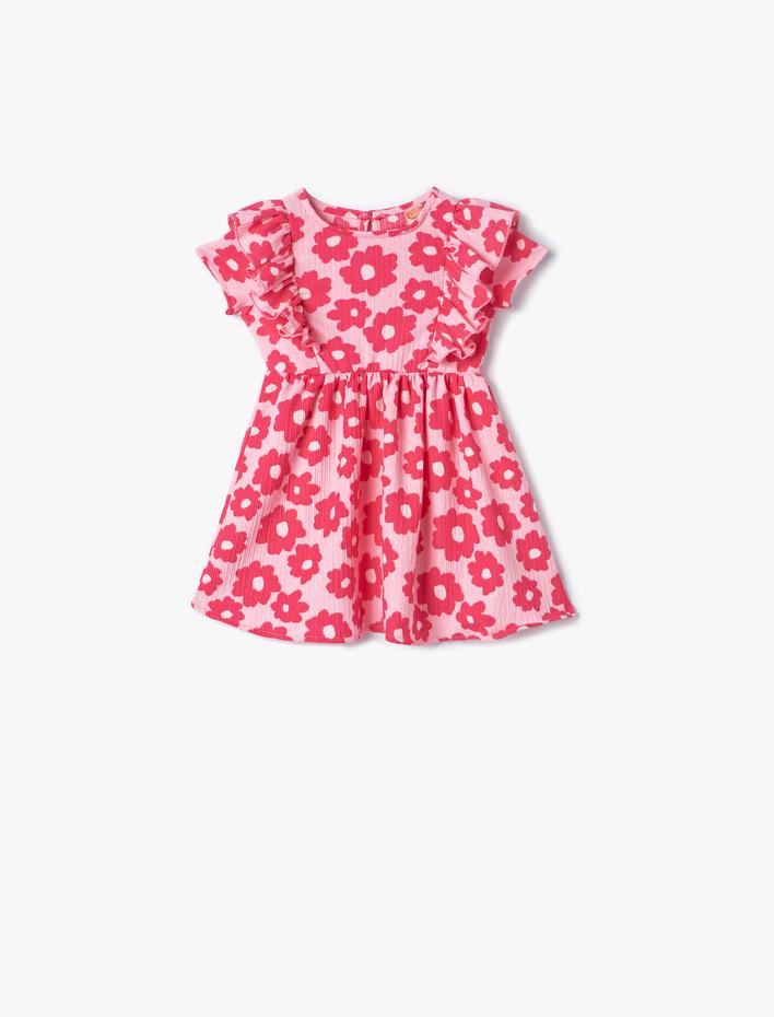 Kız Bebek Çiçekli Elbise Fırfır Kollu Dokulu Yuvarlak Yaka