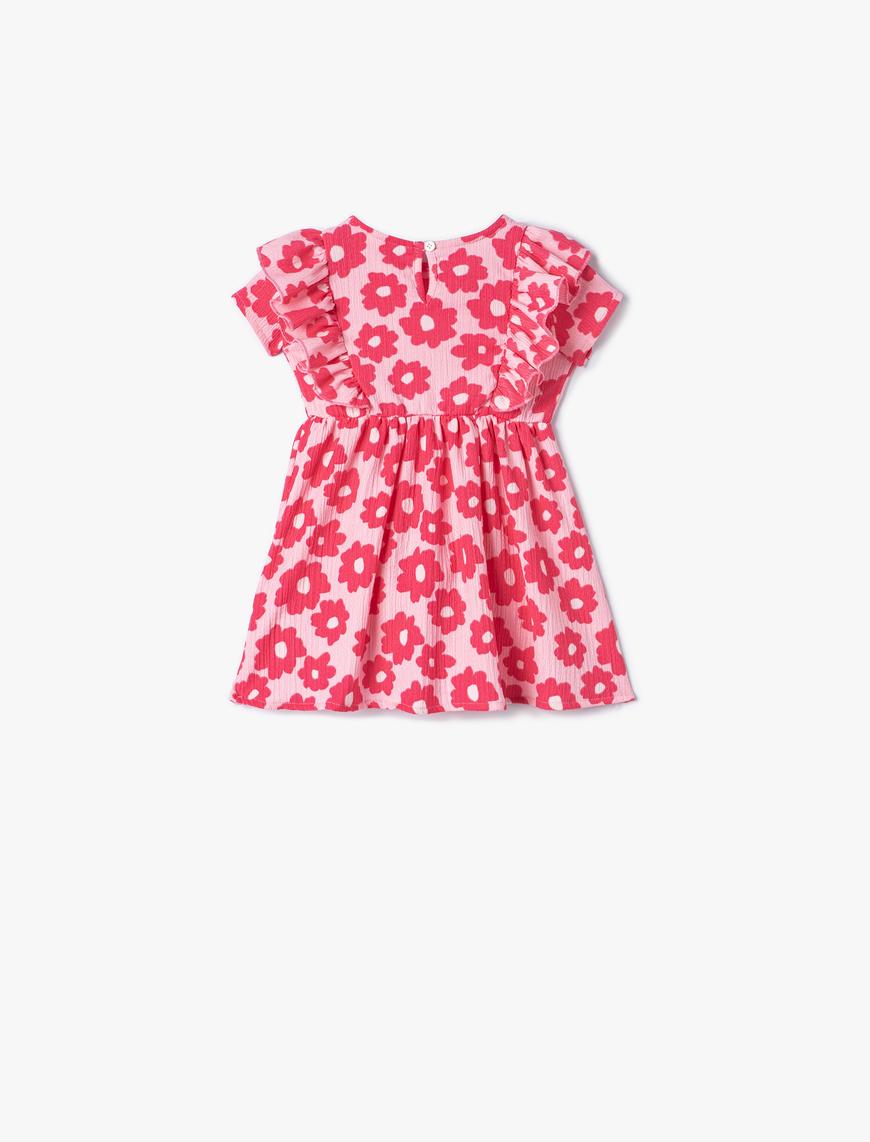  Kız Bebek Çiçekli Elbise Fırfır Kollu Dokulu Yuvarlak Yaka