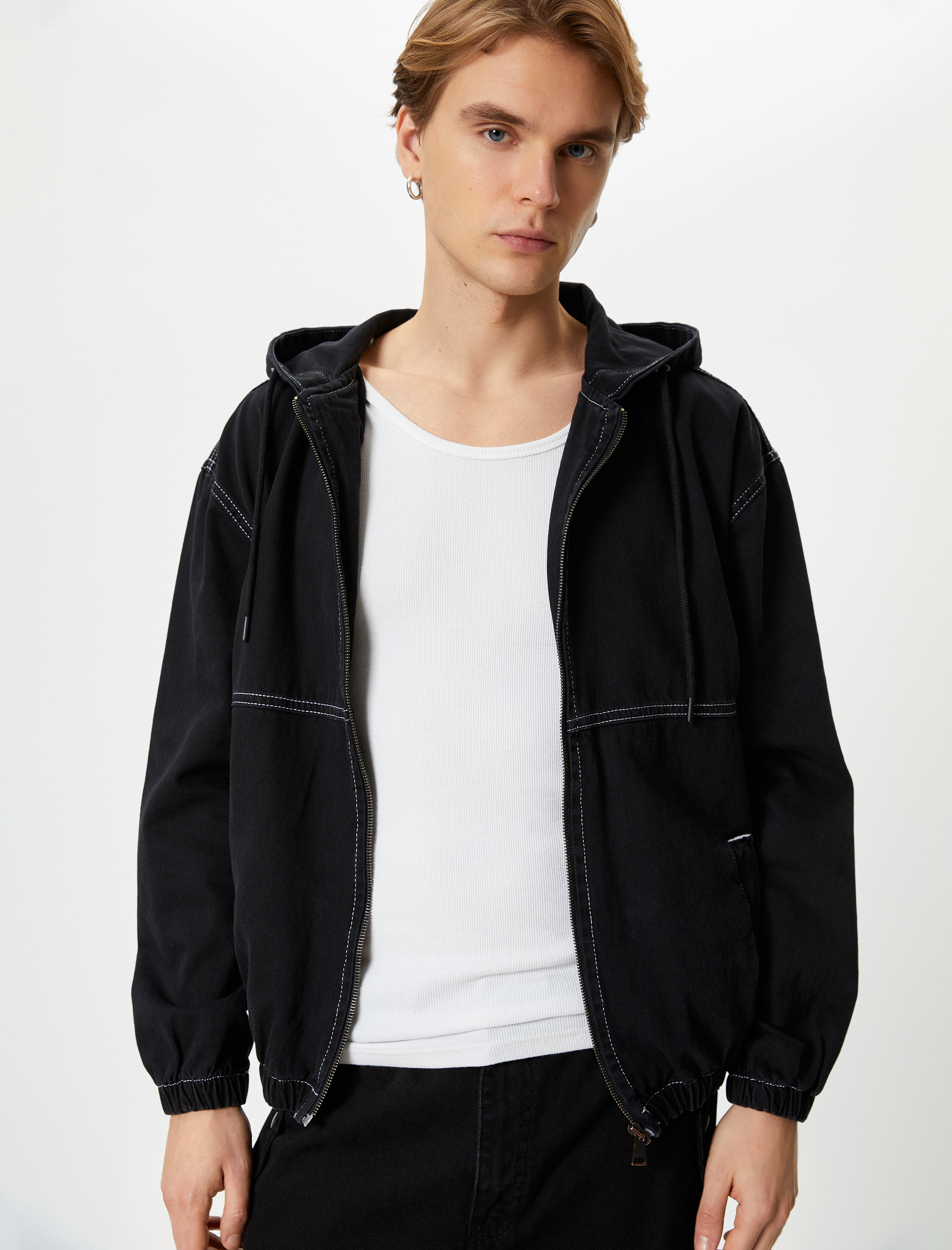   Kot Ceket Kapşonlu Fermuarlı Dikiş Detaylı Cepli