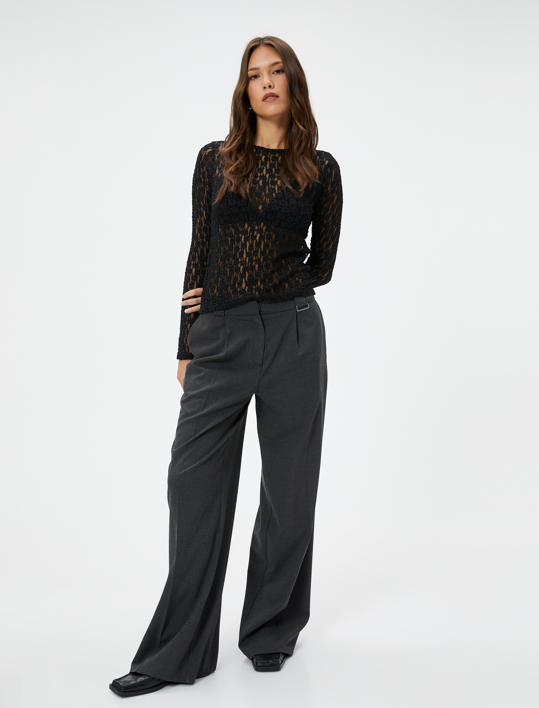   Dantelli Transparan Tişört Uzun Kollu Bisiklet Yaka