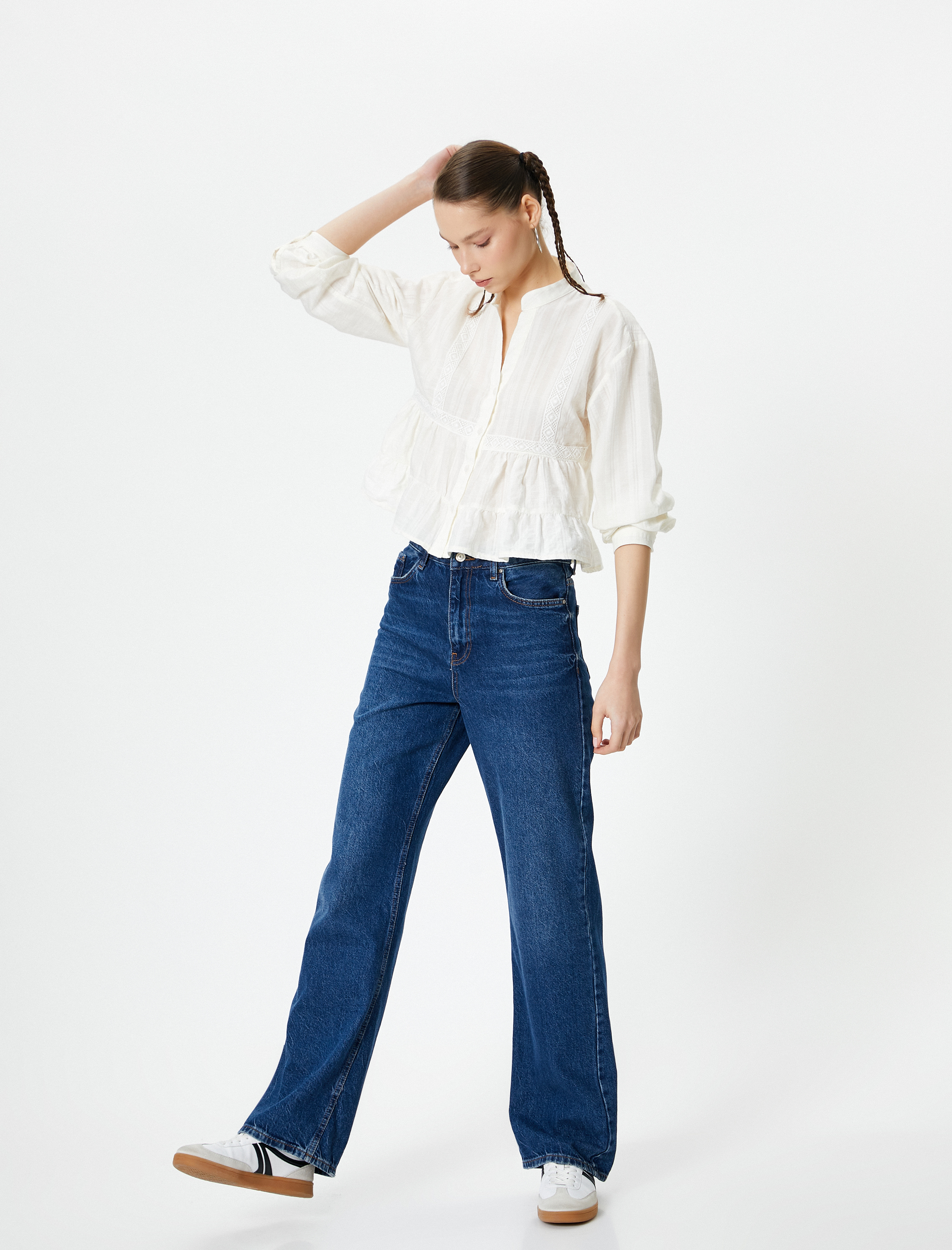   Fırfırlı Bluz Uzun Kollu Fistolu Dik Yaka Düğmeli Pamuklu