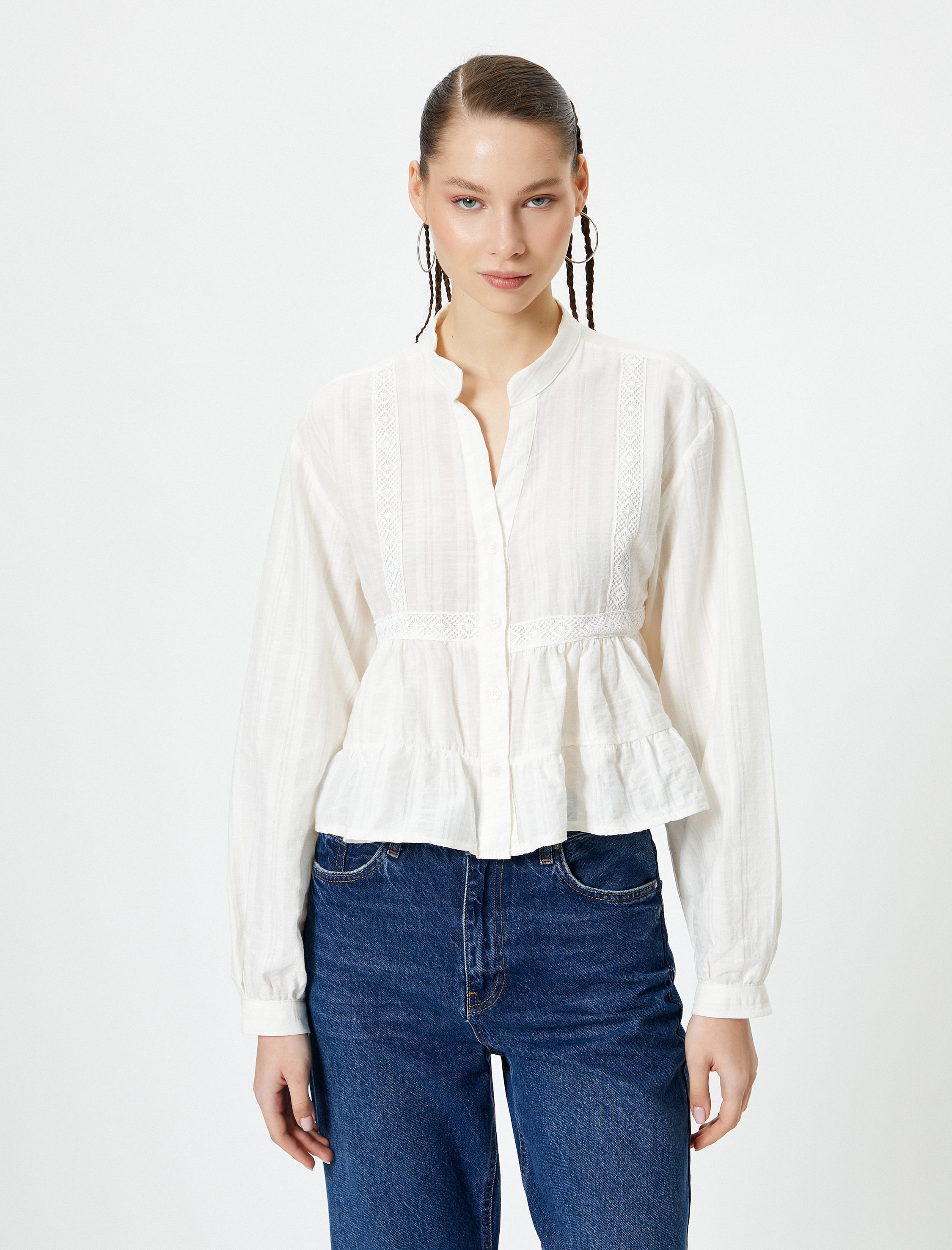   Fırfırlı Bluz Uzun Kollu Fistolu Dik Yaka Düğmeli Pamuklu