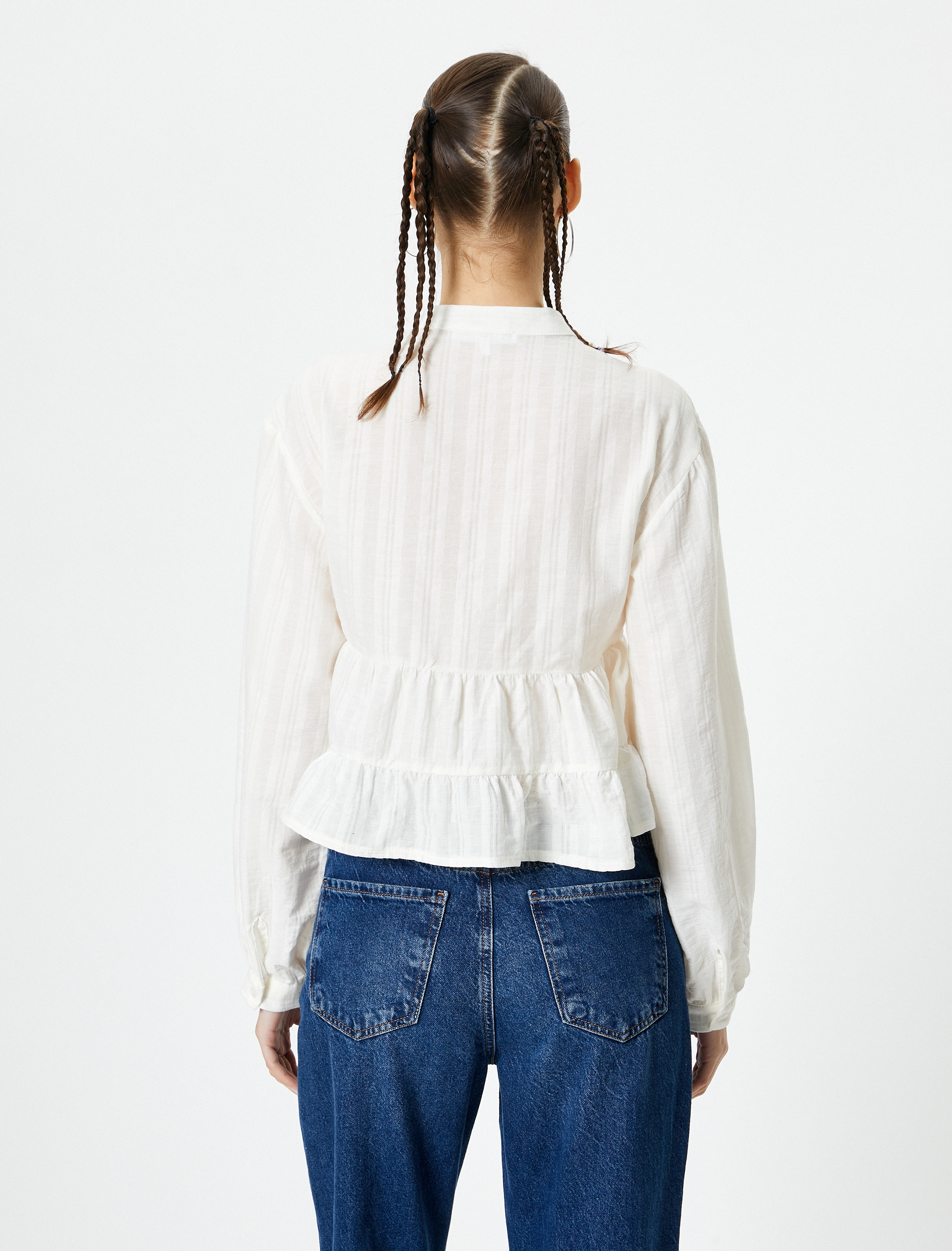   Fırfırlı Bluz Uzun Kollu Fistolu Dik Yaka Düğmeli Pamuklu