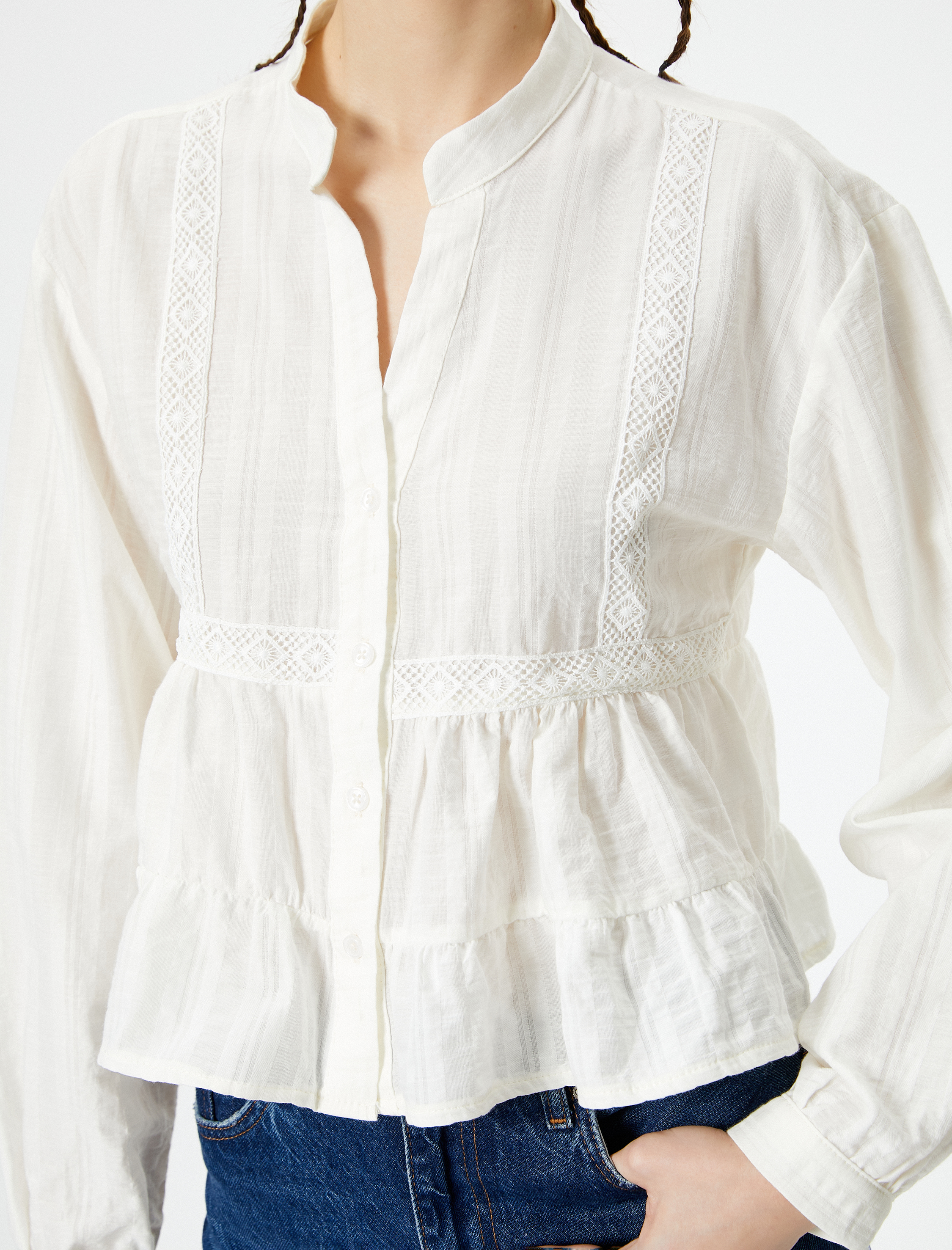   Fırfırlı Bluz Uzun Kollu Fistolu Dik Yaka Düğmeli Pamuklu