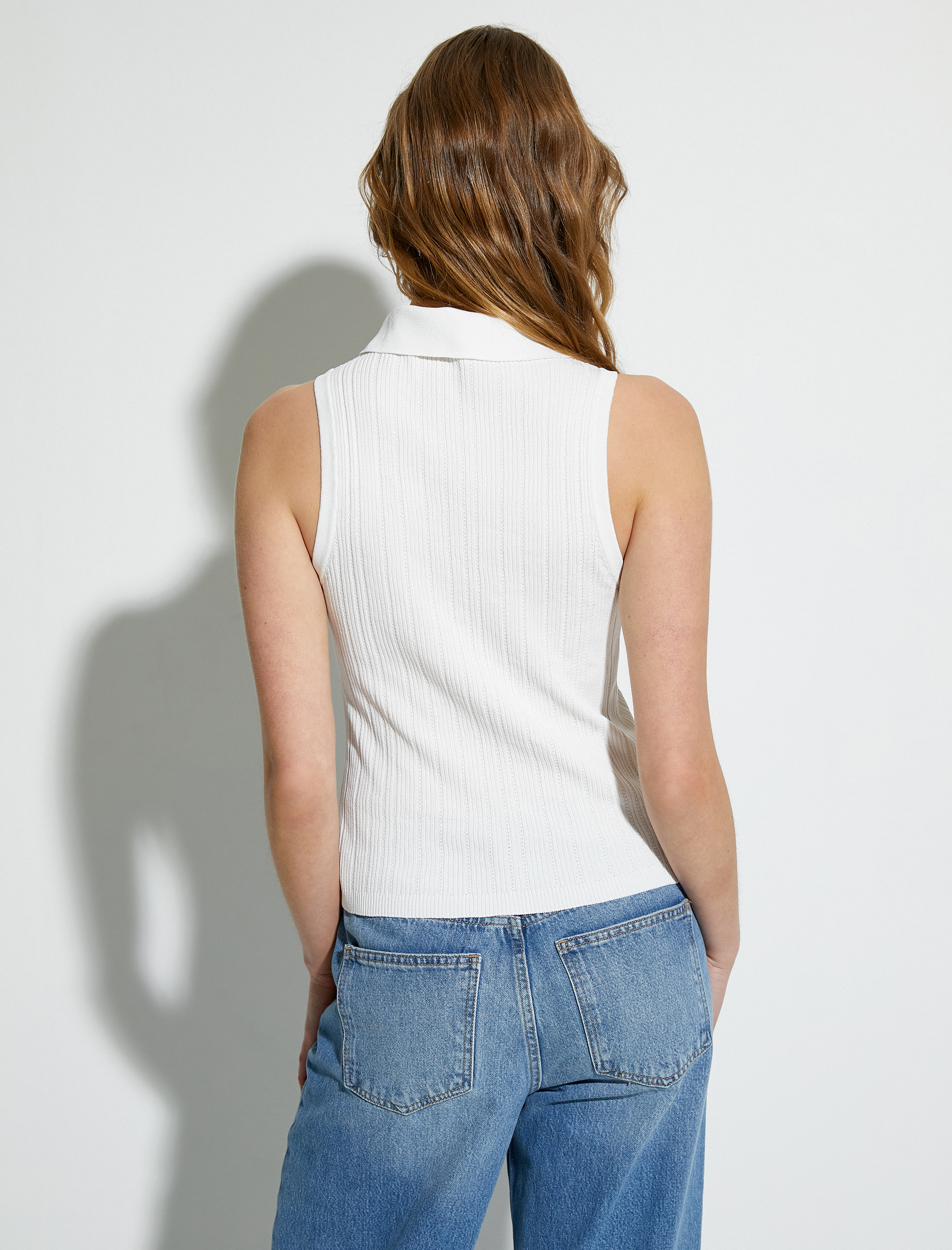 Fisto Fırfırlı Atlet İnci Düğmeli Polo Yaka Kolsuz