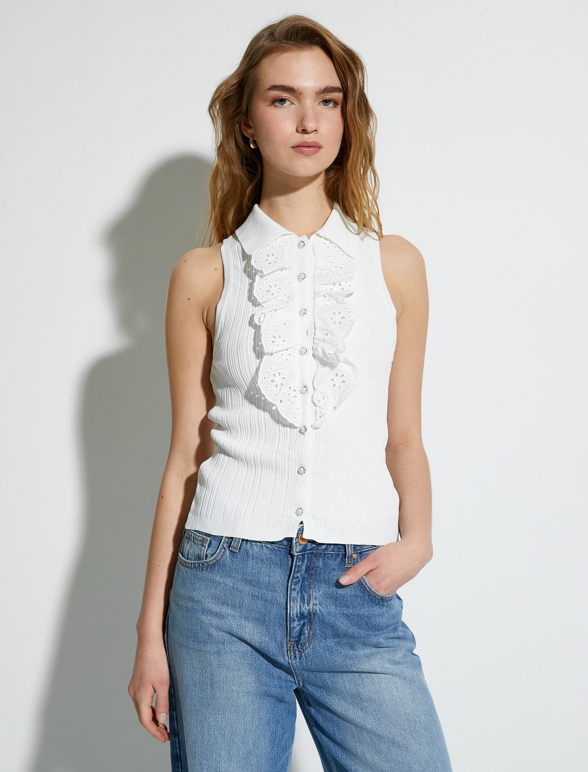 Fisto Fırfırlı Atlet İnci Düğmeli Polo Yaka Kolsuz