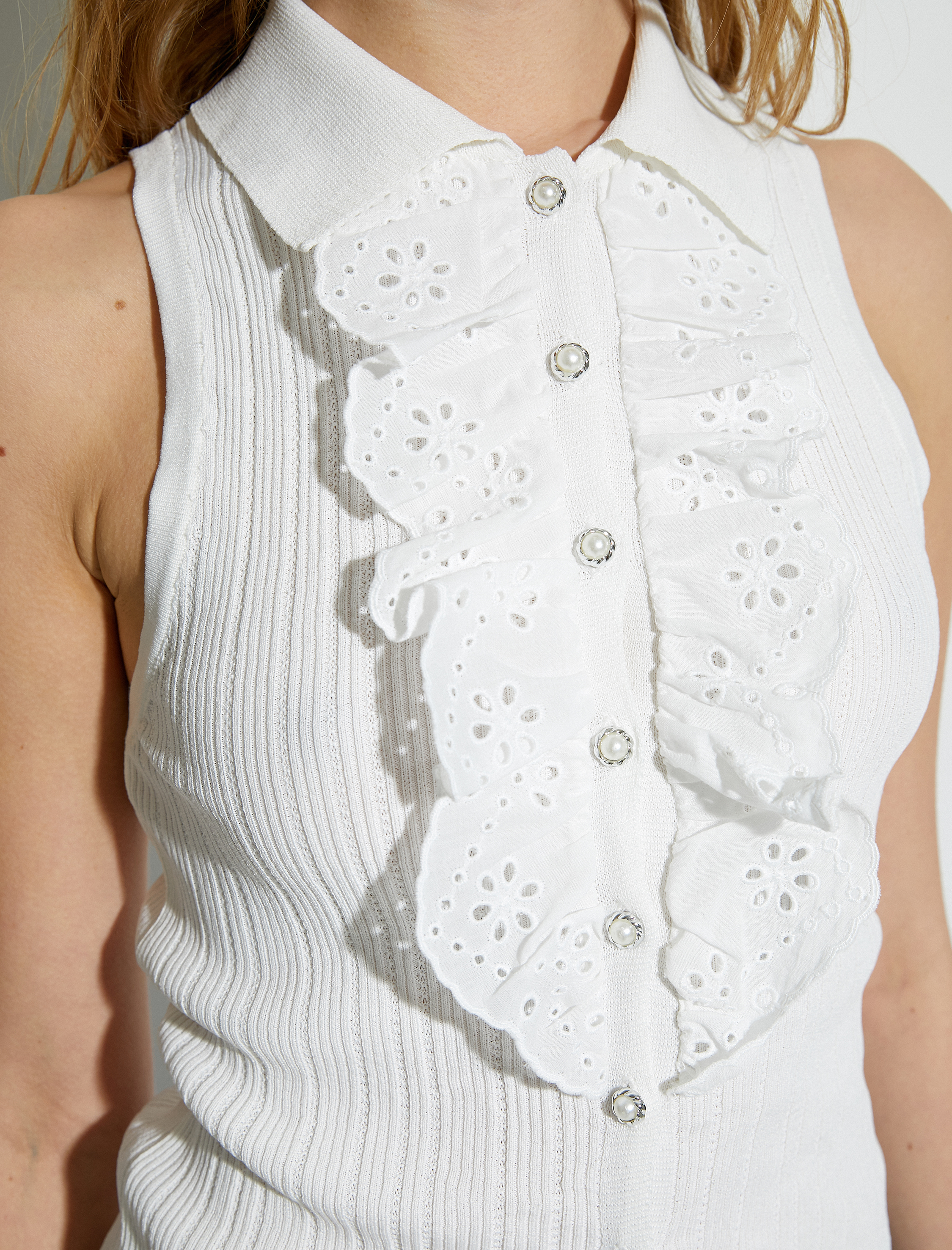 Fisto Fırfırlı Atlet İnci Düğmeli Polo Yaka Kolsuz