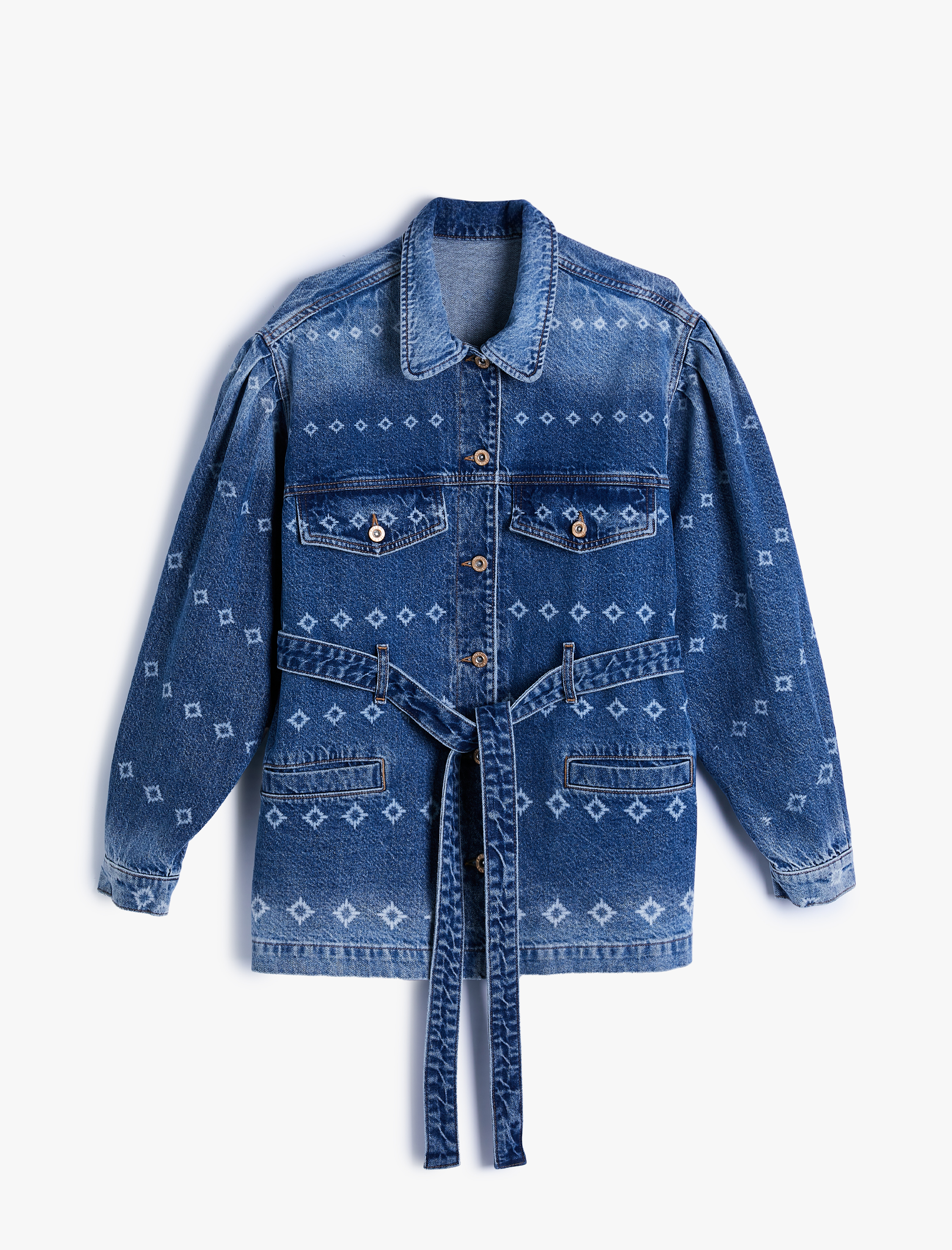   Uzun Kot Ceket Lazer Baskı Detaylı Kemerli Cepli Rahat Kalıp