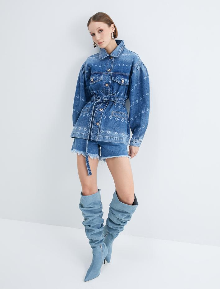  Uzun Kot Ceket Lazer Baskı Detaylı Kemerli Cepli Rahat Kalıp