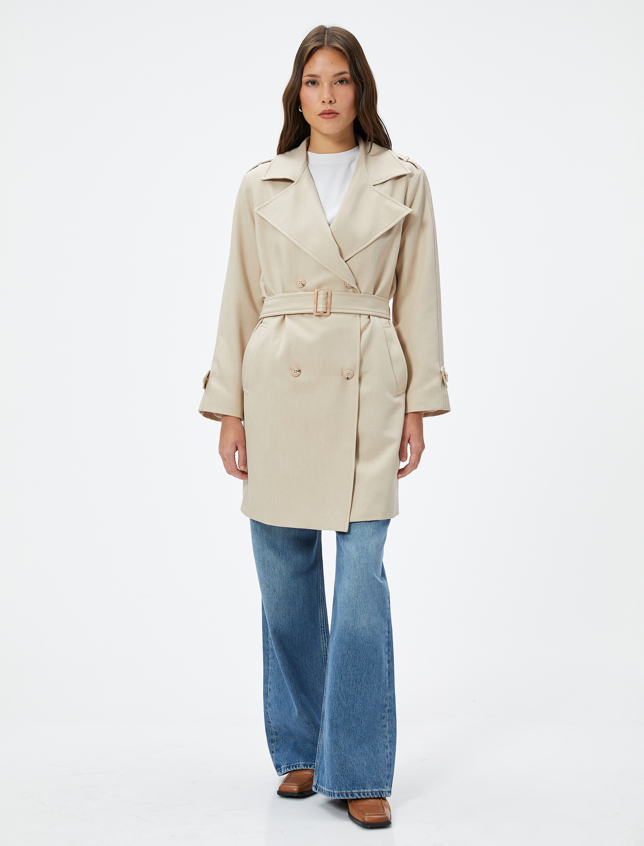   Trençkot Kruvaze Kapama Düğmeli Kemerli Cepli Rüzgarlık Detaylı