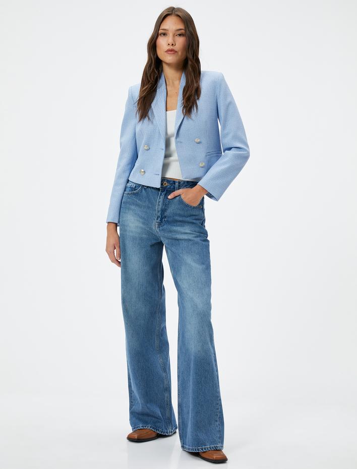  Crop Tüvit Ceket Kruvaze Düğmeli Fleto Cepli