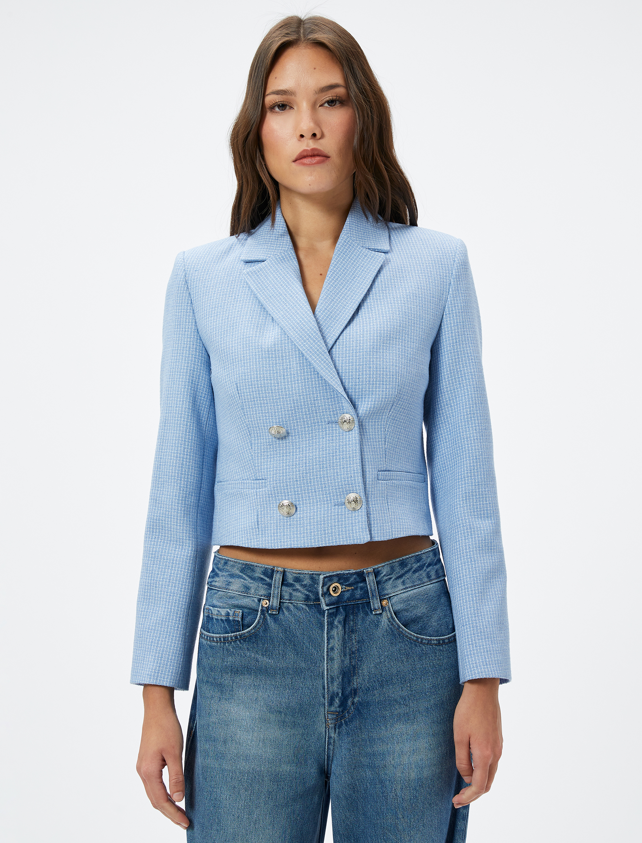   Crop Tüvit Ceket Kruvaze Düğmeli Fleto Cepli