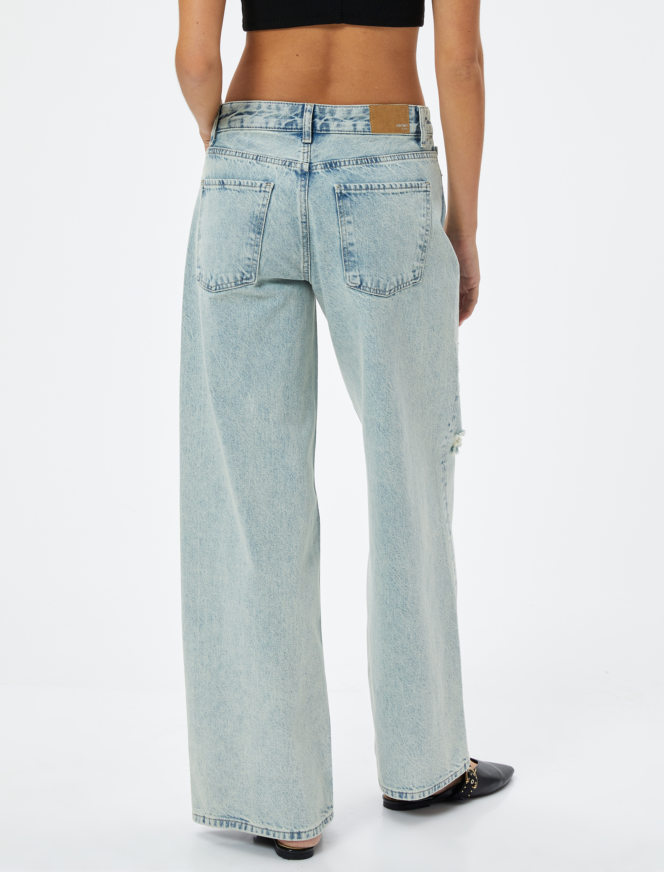   Düz Bol Paça Düşük Bel Kot Pantolon Yıpratılmış Cepli Pamuklu - Loose Straight Jeans