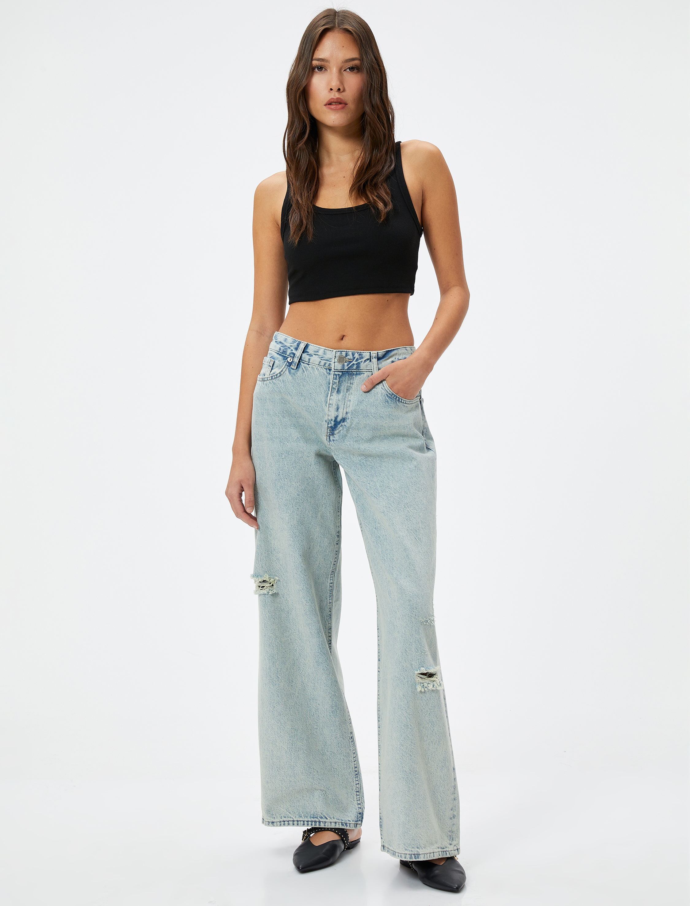  Düz Bol Paça Düşük Bel Kot Pantolon Yıpratılmış Cepli Pamuklu - Loose Straight Jeans