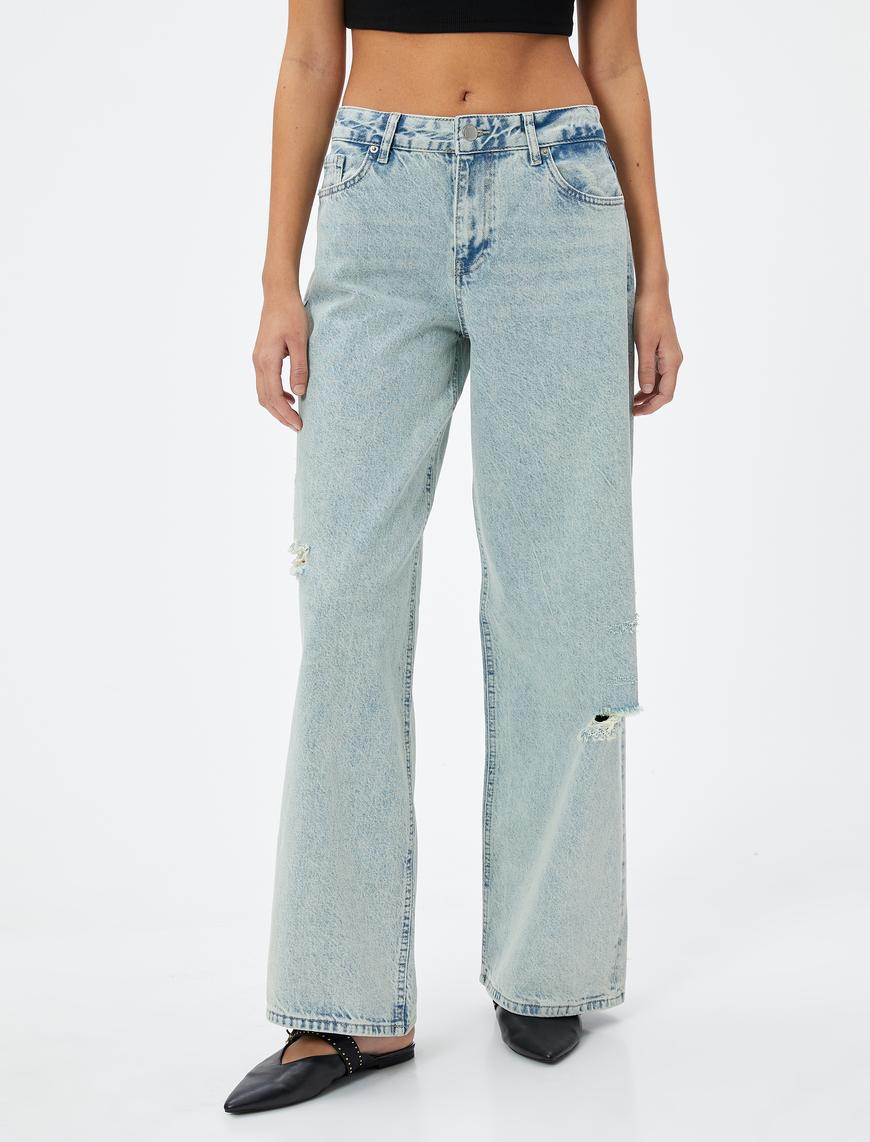   Düz Bol Paça Düşük Bel Kot Pantolon Yıpratılmış Cepli Pamuklu - Loose Straight Jeans