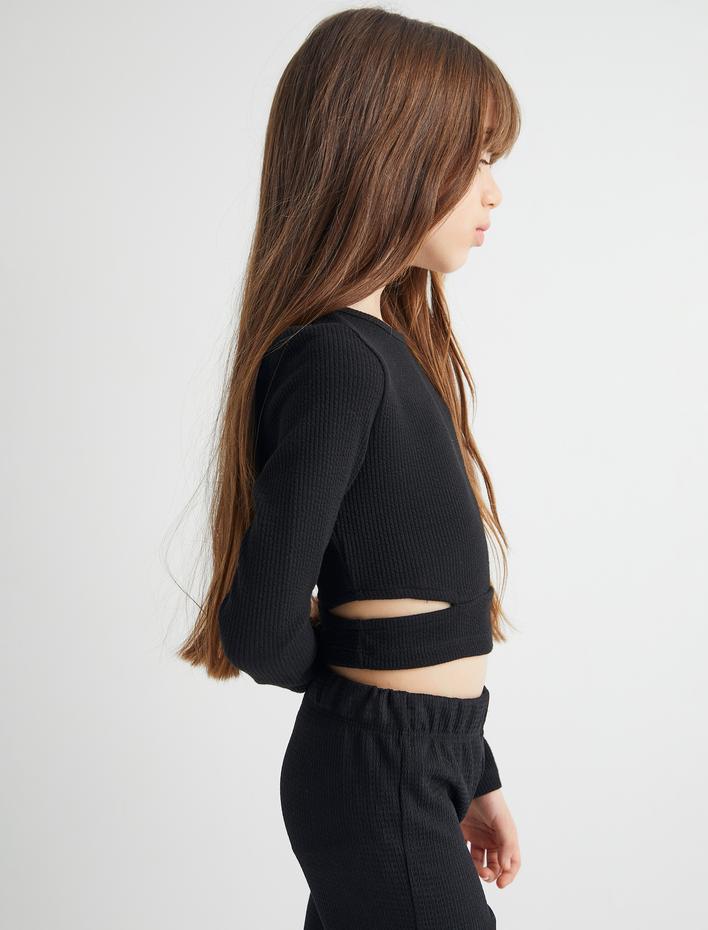 Kız Çocuk Uzun Kollu Bluz Pencere Detaylı Bisiklet Yaka Kaşkorse