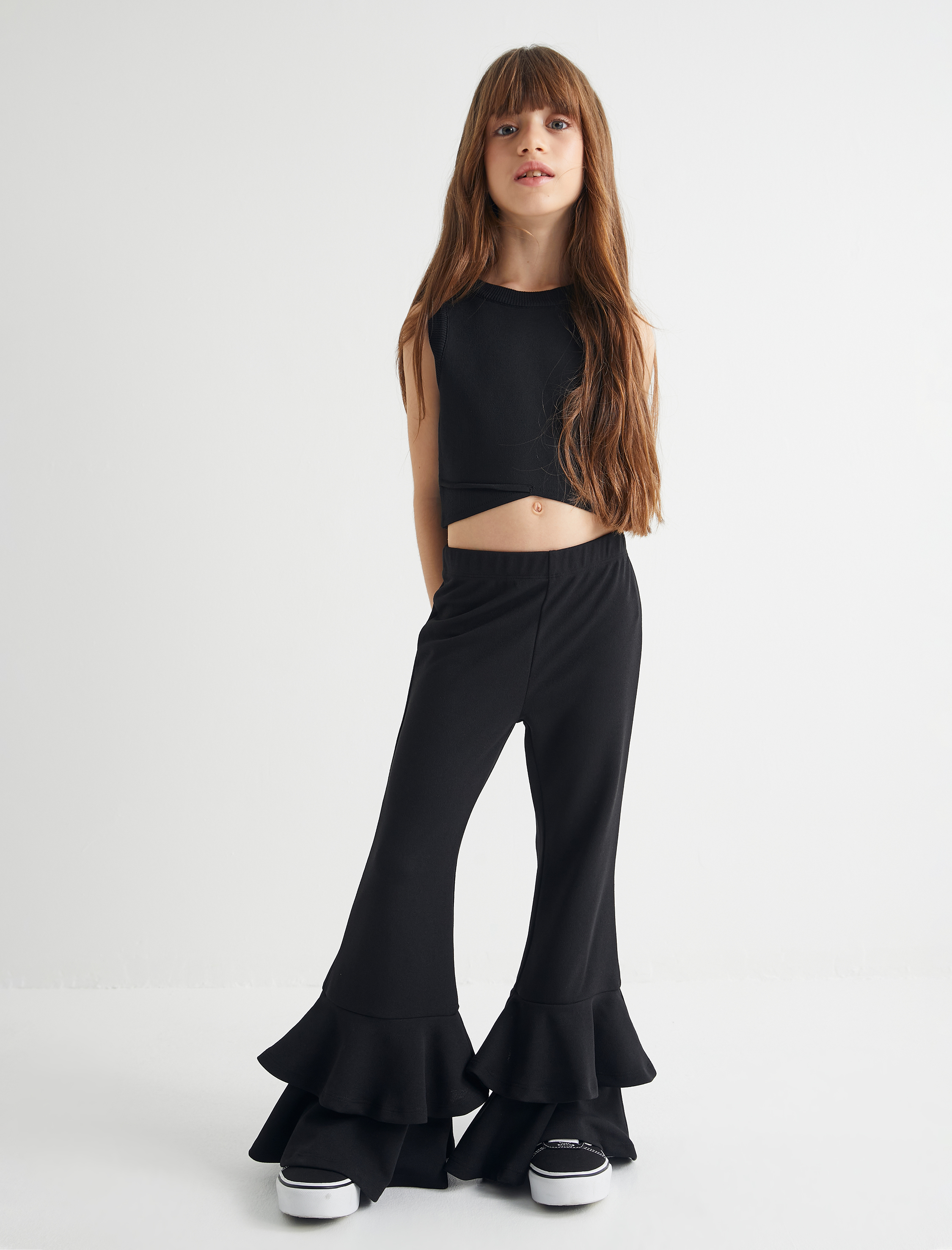  Kız Çocuk İspanyol Paça Pantolon Volanlı Beli Lastikli