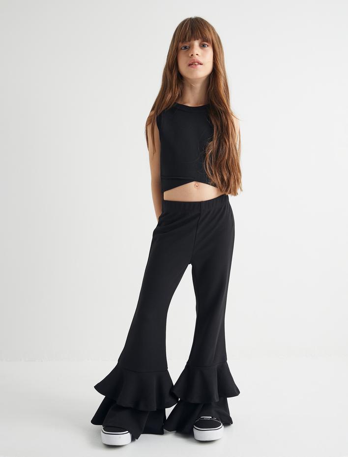 Kız Çocuk İspanyol Paça Pantolon Volanlı Beli Lastikli