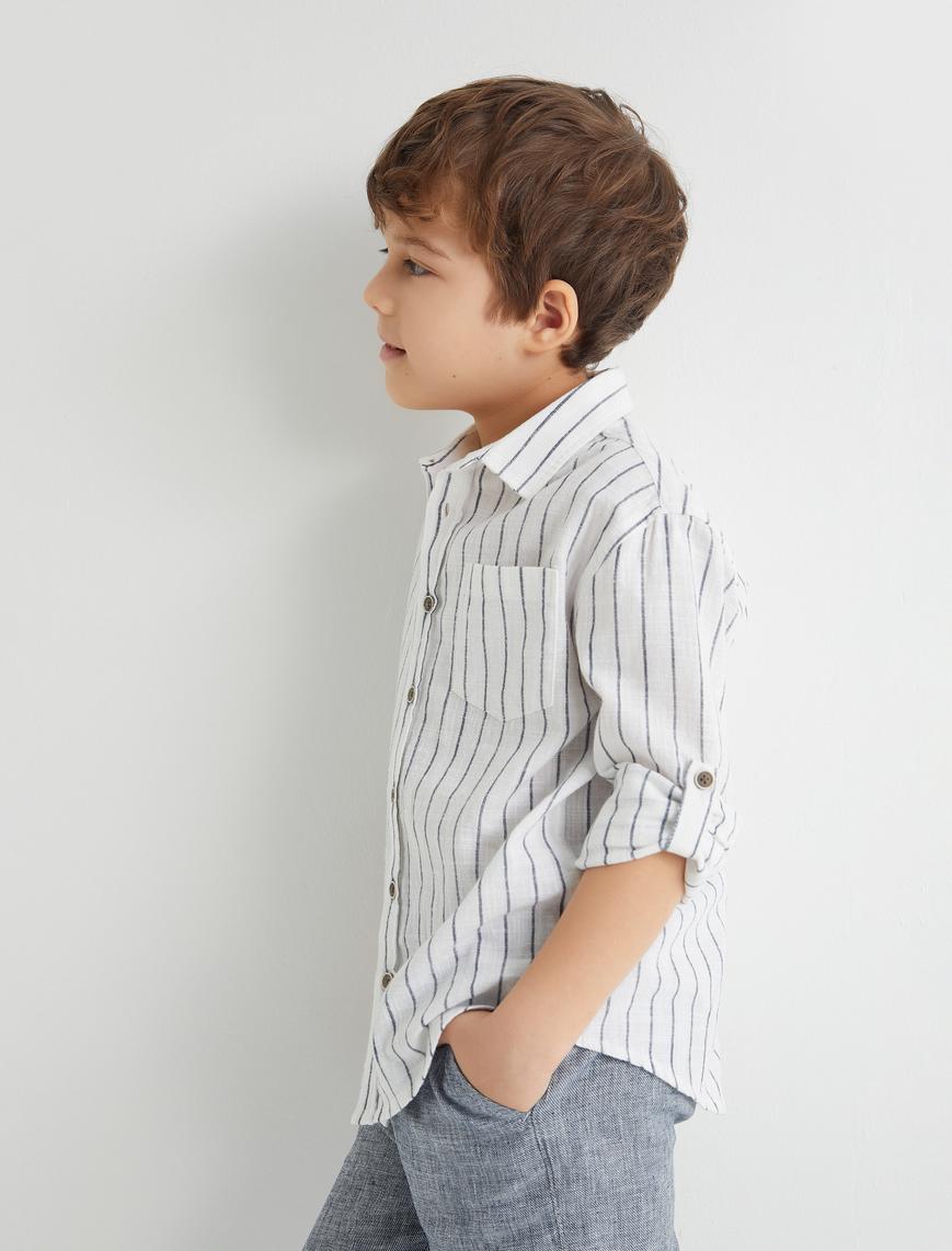  Erkek Çocuk Gömlek Uzun Kollu Cepli Pamuklu