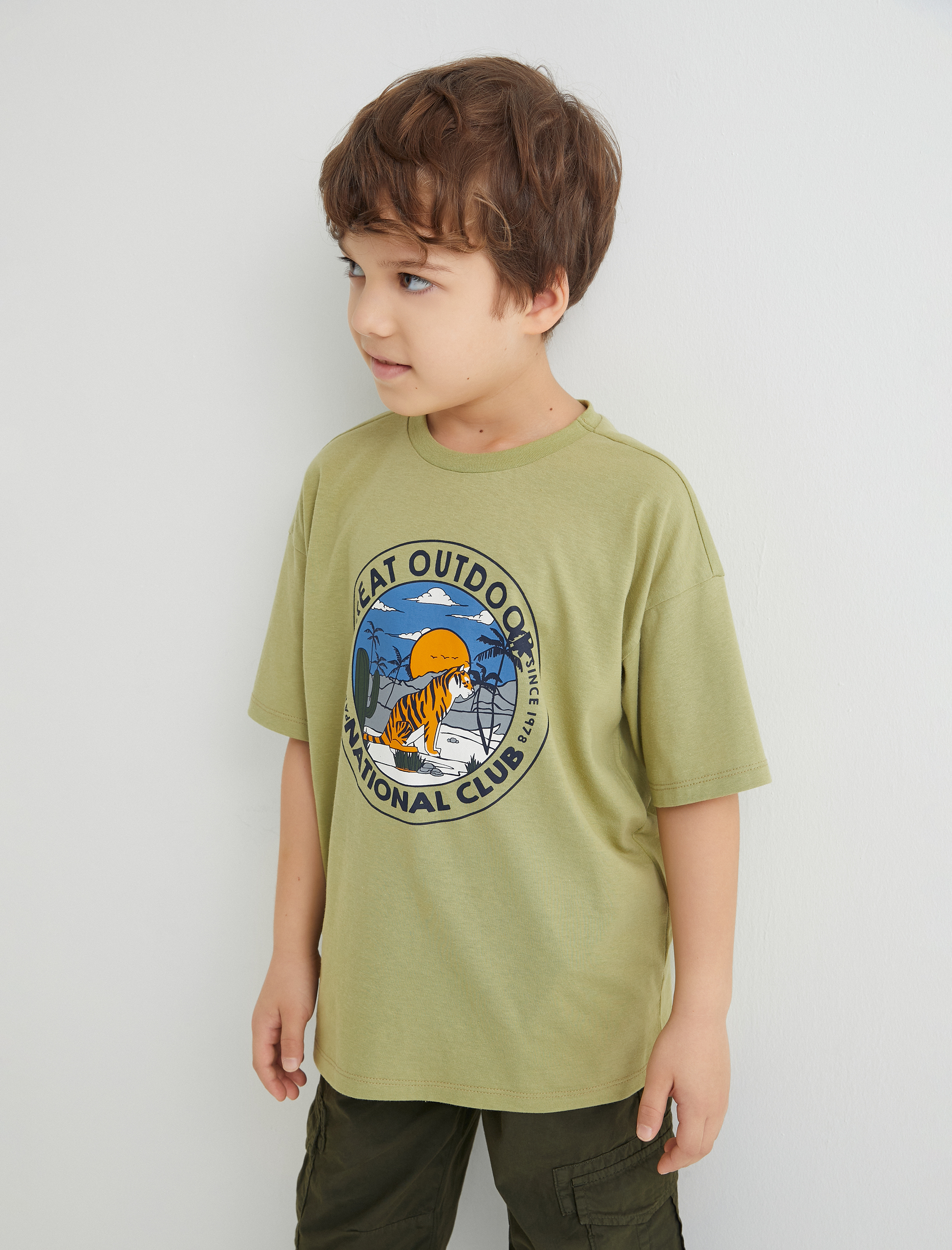  Erkek Çocuk Tişört Kısa Kollu Bisiklet Yaka Kaplan Baskılı Pamuklu