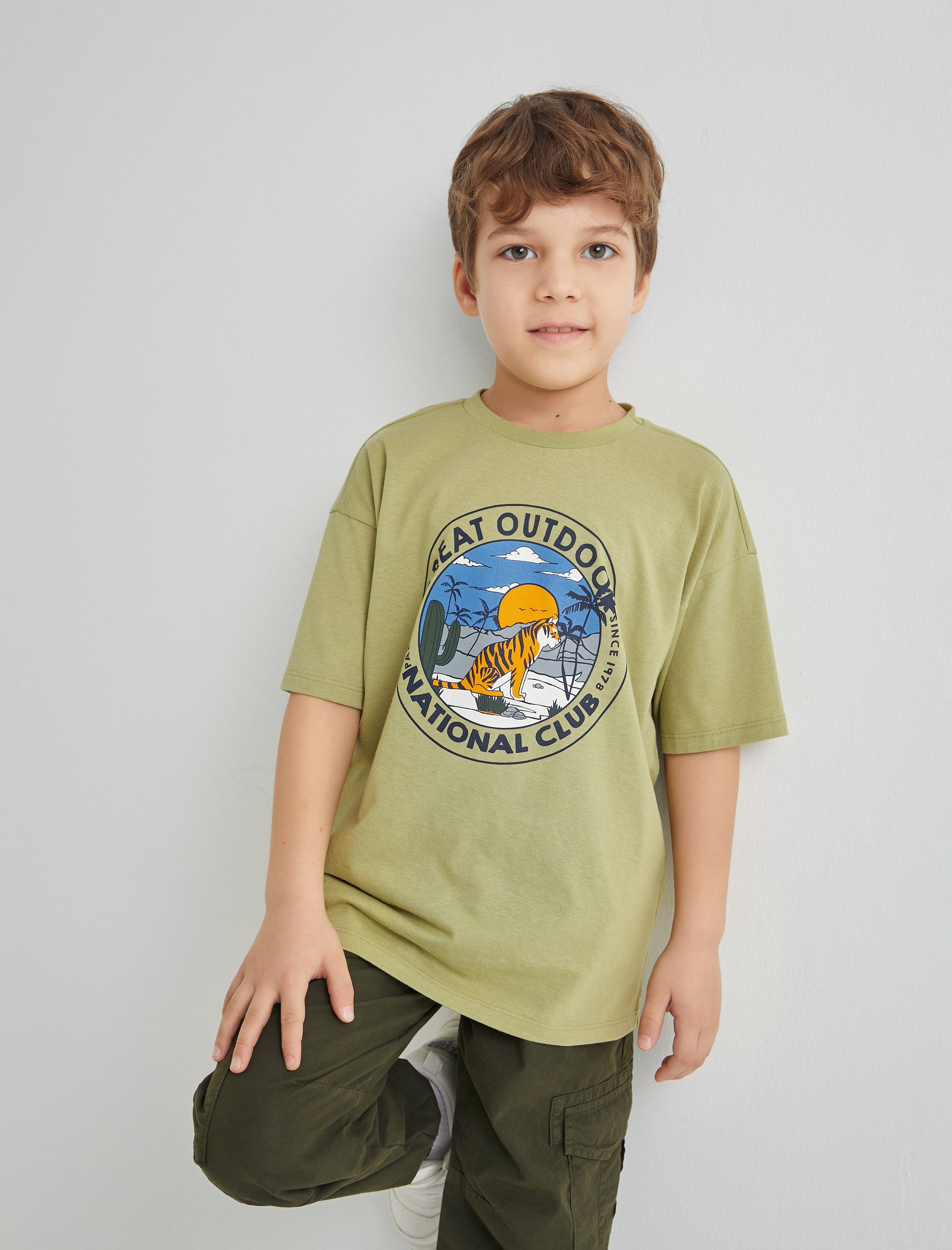  Erkek Çocuk Tişört Kısa Kollu Bisiklet Yaka Kaplan Baskılı Pamuklu