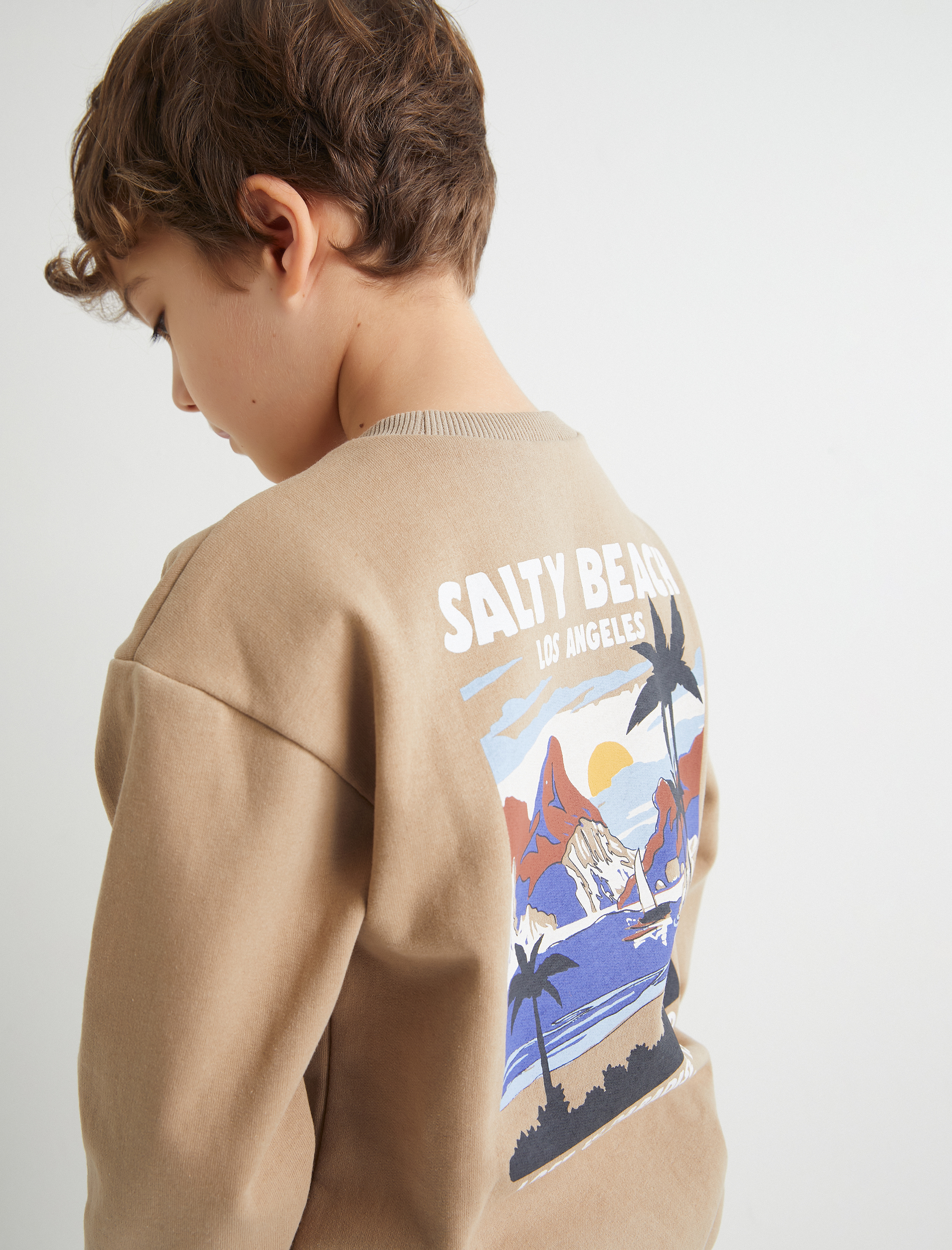  Erkek Çocuk Arkası Baskılı Sweatshirt Yuvarlak Yaka Şardonlu