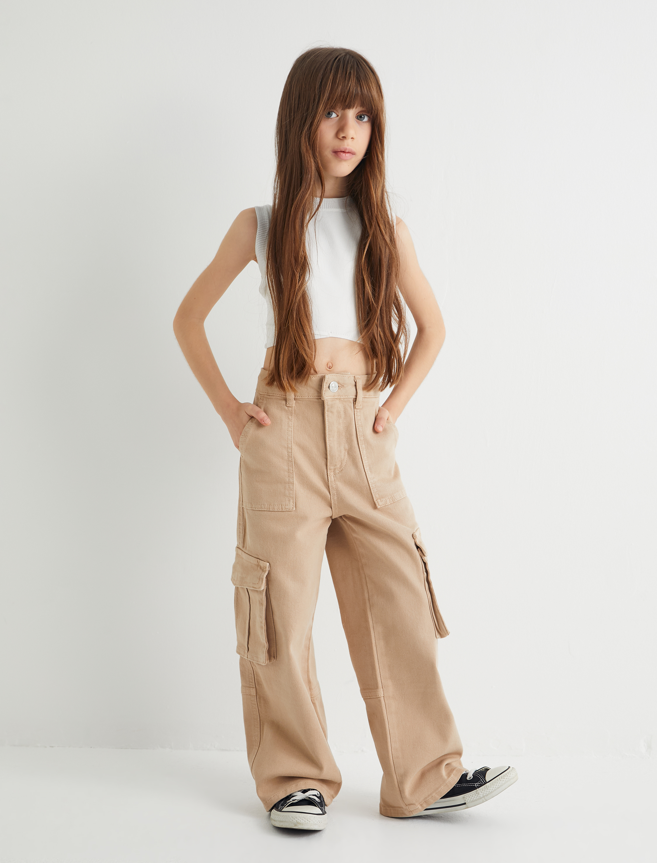  Kız Çocuk Kargo Kot Pantolon Bol Paça Pamuklu - Wide Leg Jean