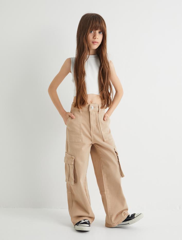 Kız Çocuk Kargo Kot Pantolon Bol Paça Pamuklu - Wide Leg Jean