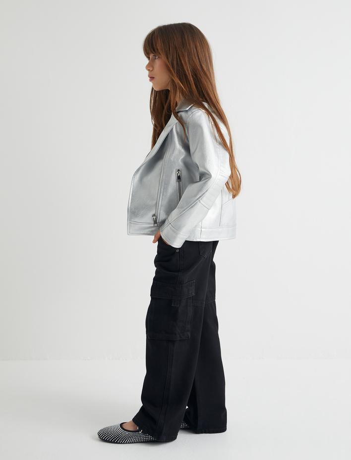 Kız Çocuk Metalik Parlak Suni Deri Biker Ceket