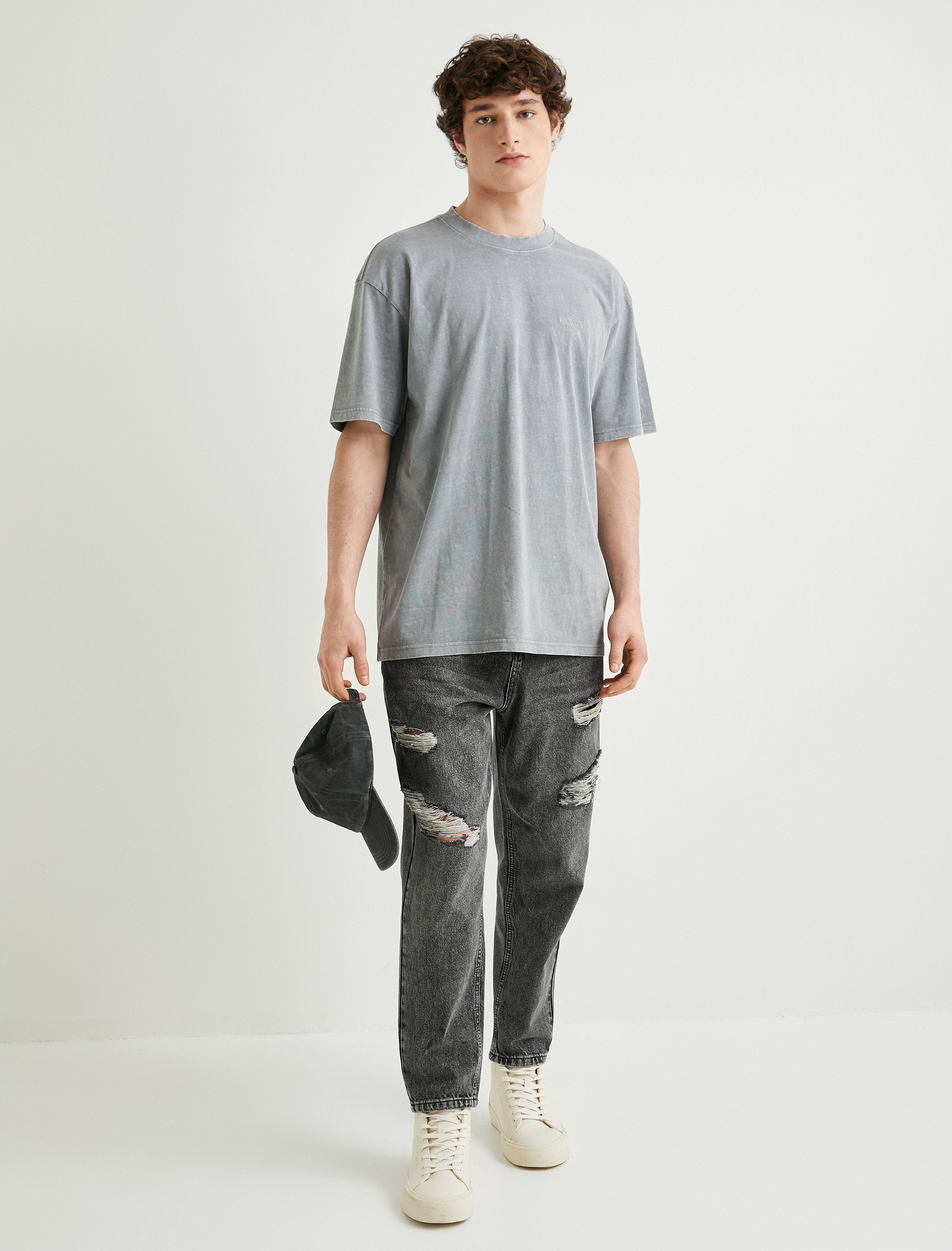   Yıkamalı Tişört Slogan İşlemeli Bisiklet Yaka Kısa Kollu Pamuklu