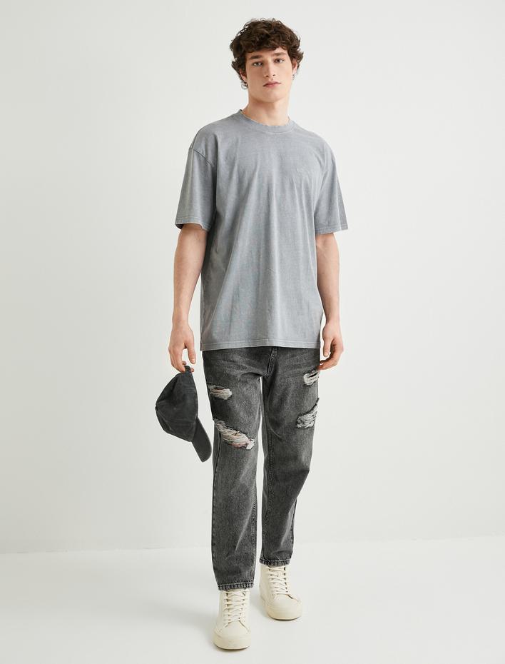  Yıkamalı Tişört Slogan İşlemeli Bisiklet Yaka Kısa Kollu Pamuklu