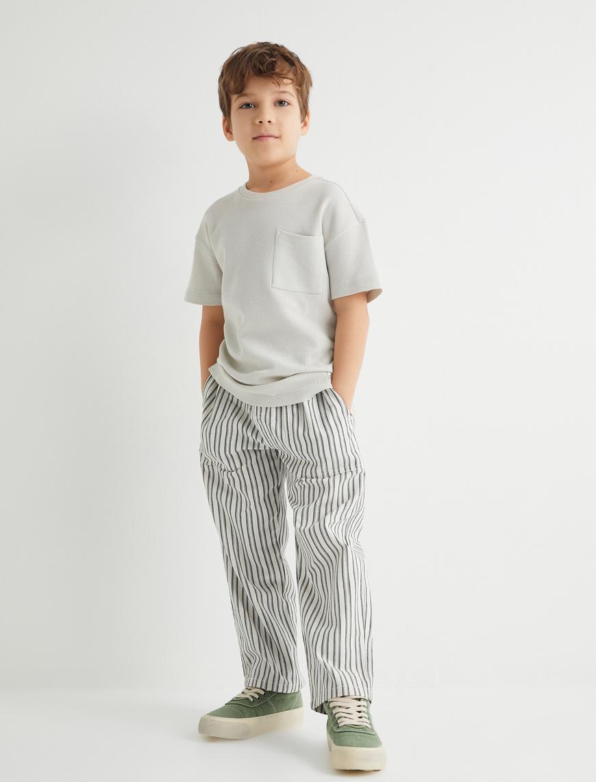  Erkek Çocuk Çizgili Pantolon Beli Bağlamalı Cepli Pamuklu