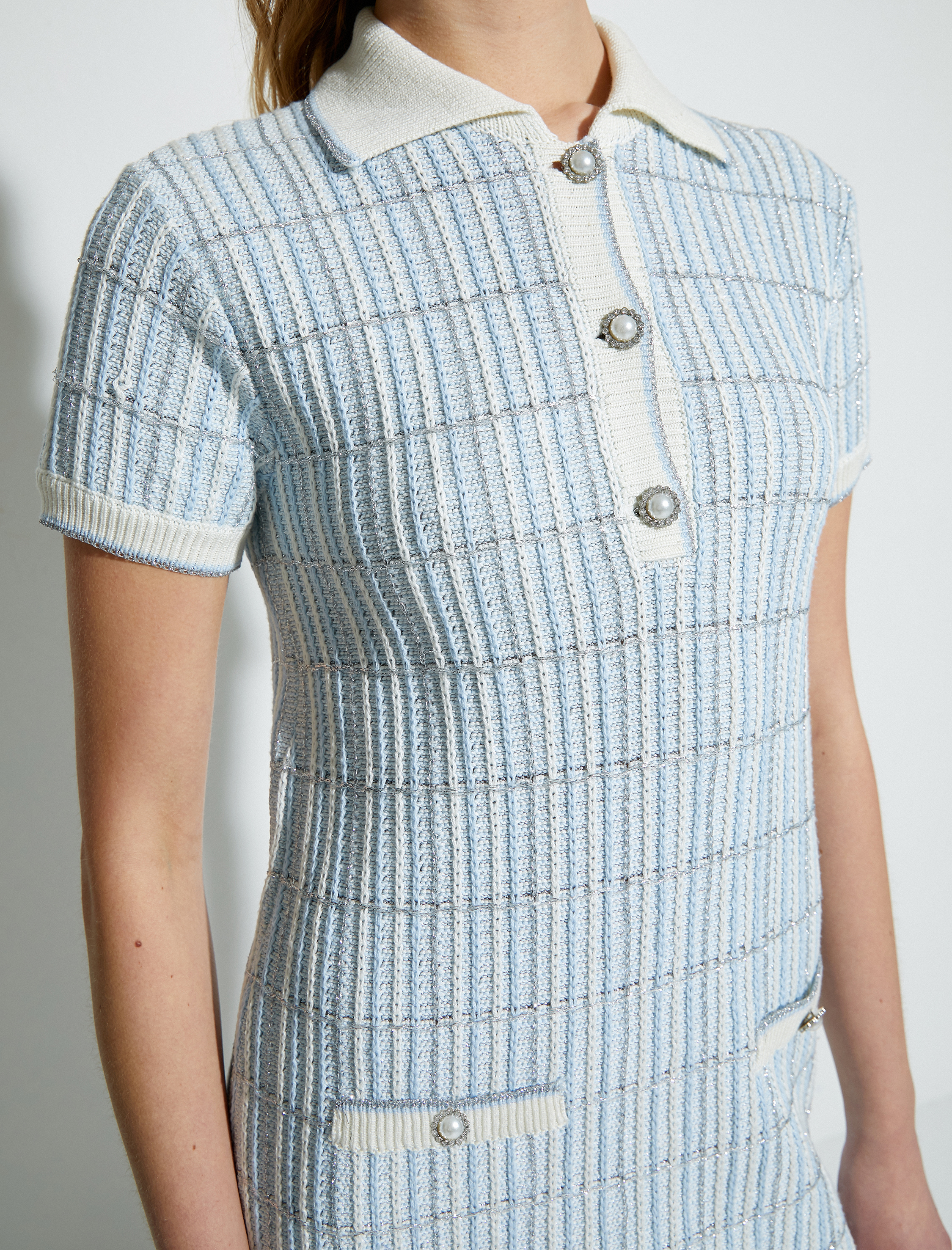   Tüvit Mini Elbise Polo Yaka İnci Düğmeli Kısa Kollu