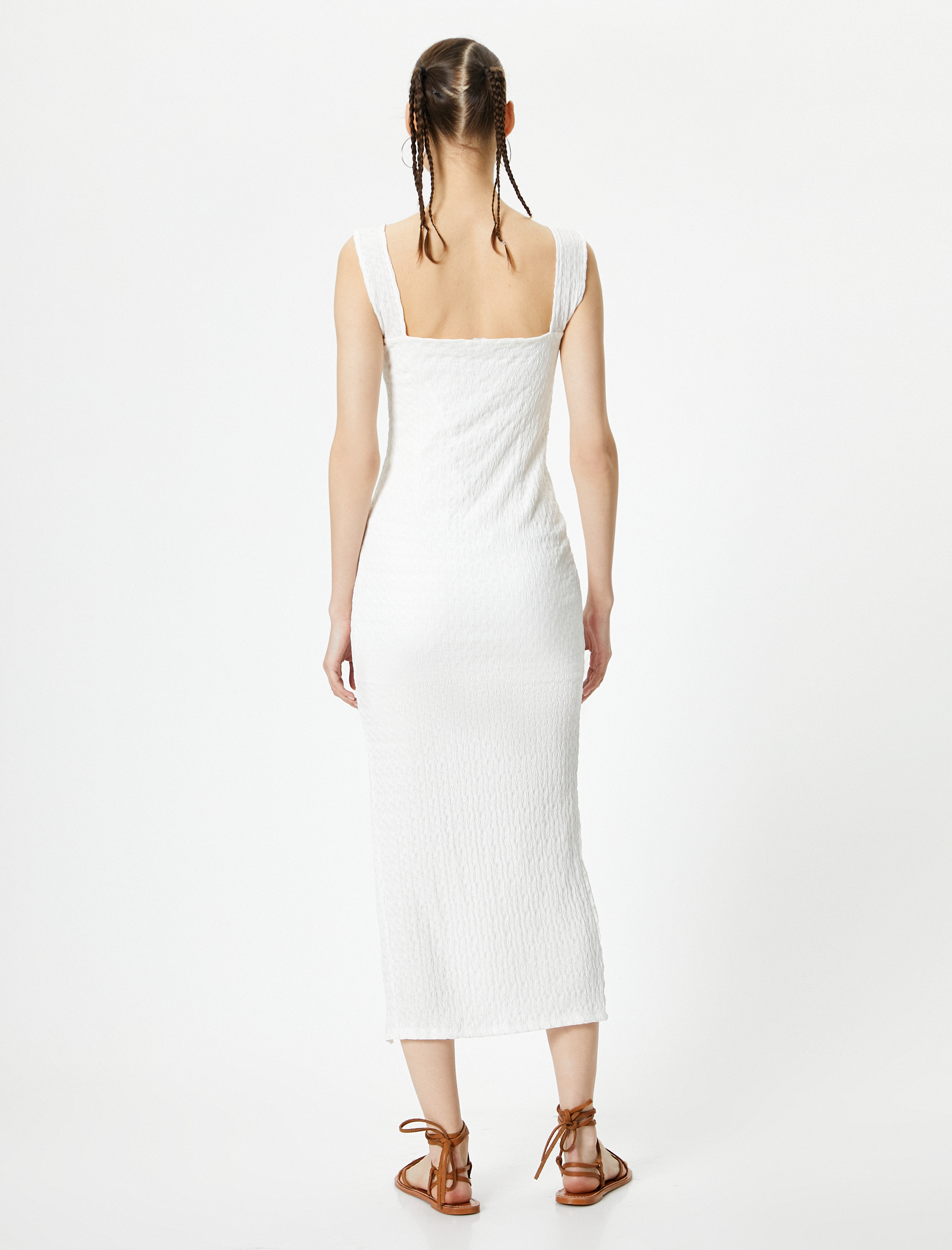 Askılı Kalem Elbise Astarlı Kalp Yaka Önden Bağlama Detaylı Yırtmaçlı Fiyonk Detaylı Bürümcük