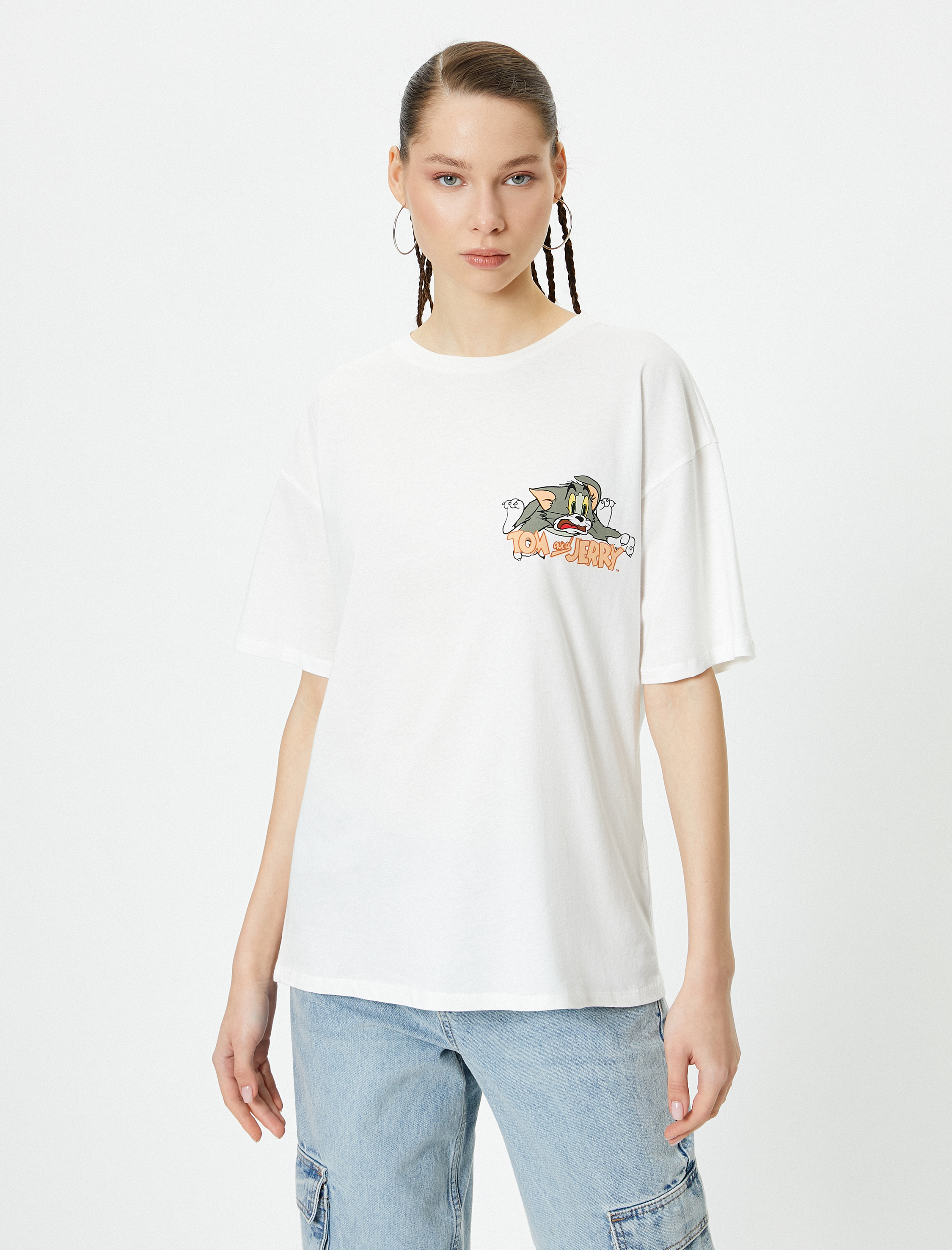   Tom ve Jerry Tişört Arkası Baskılı Lisanslı Kısa Kollu Bisiklet Yaka Rahat Kalıp