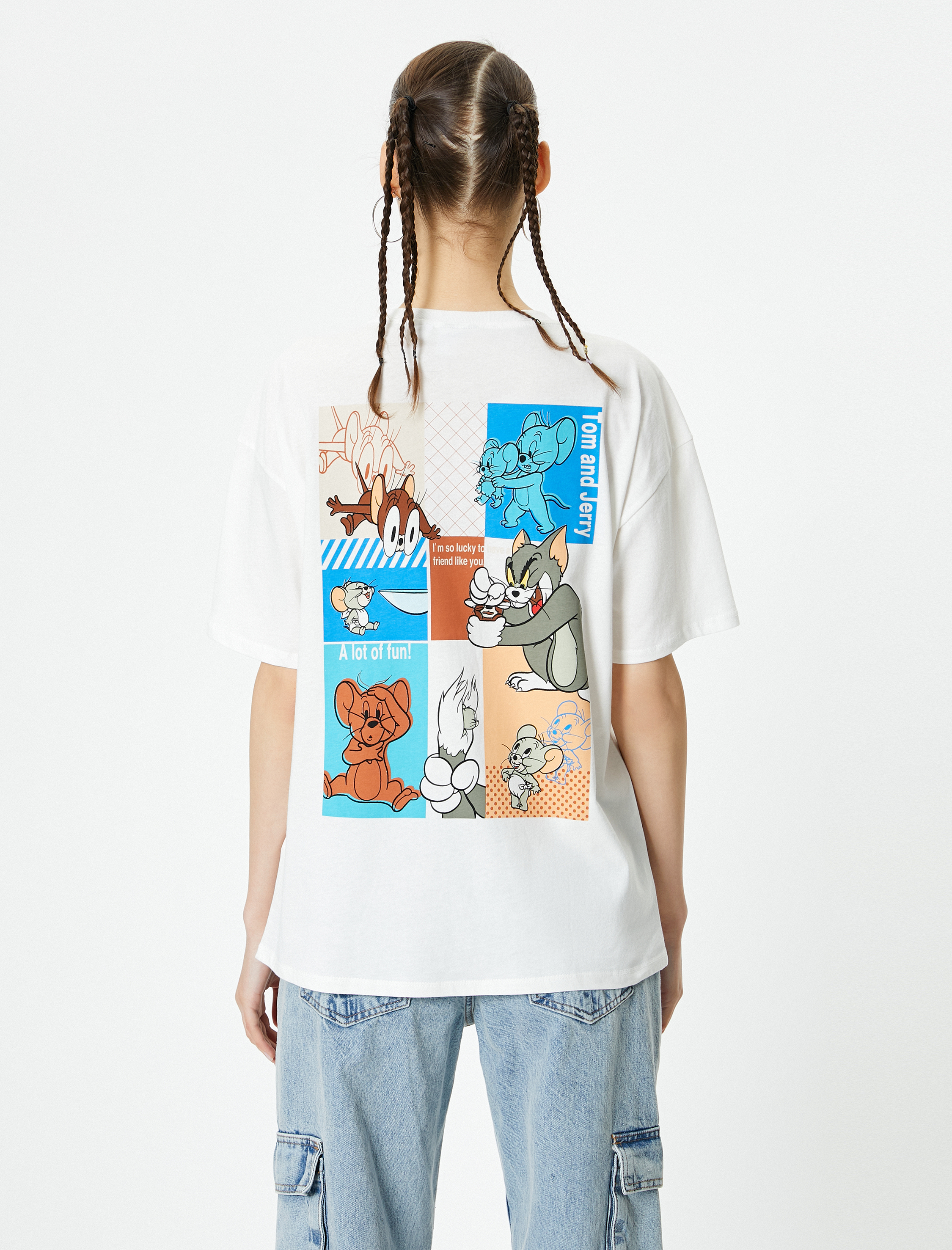   Tom ve Jerry Tişört Arkası Baskılı Lisanslı Kısa Kollu Bisiklet Yaka Rahat Kalıp