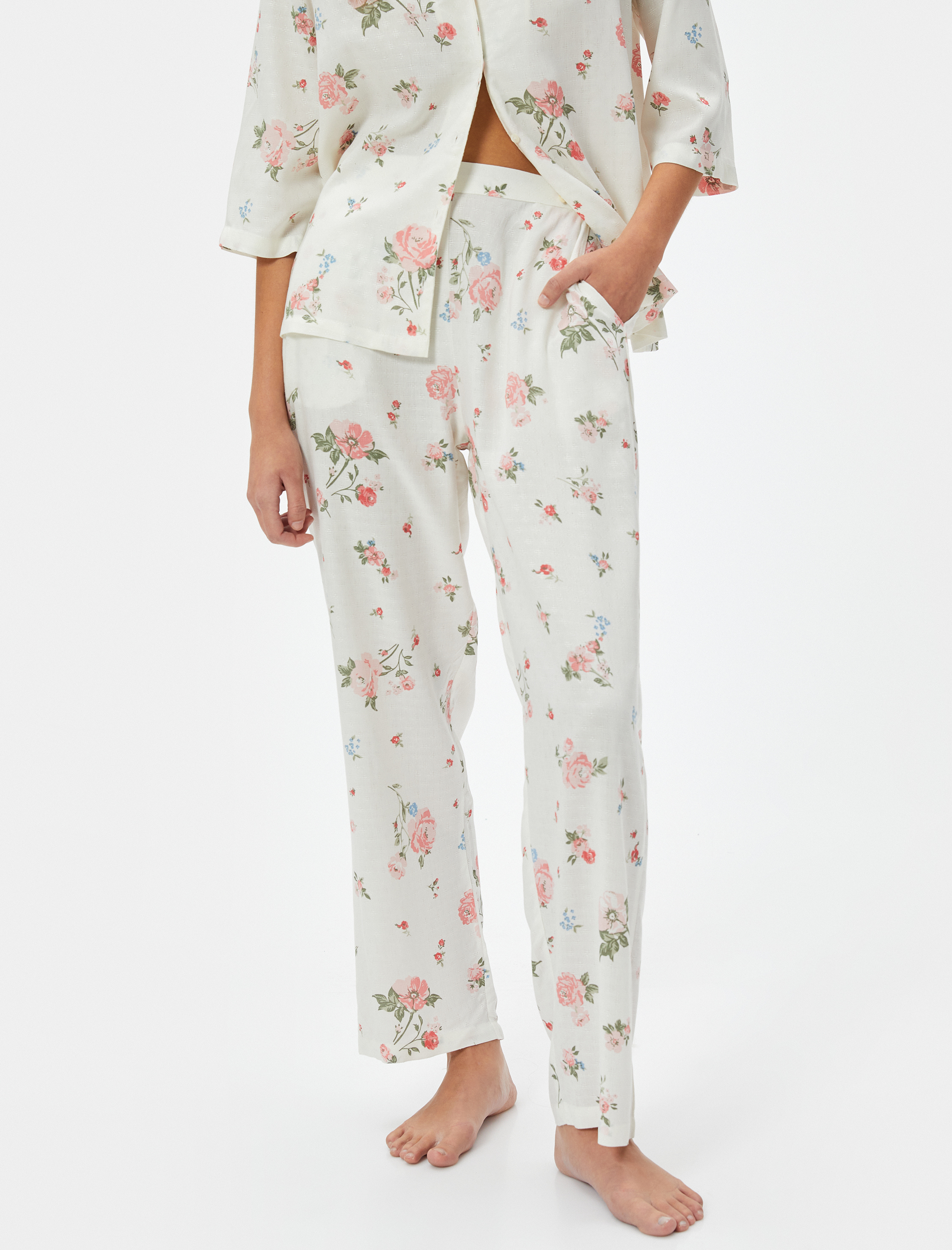   Çiçekli Pijama Altı Cepli Beli Lastikli