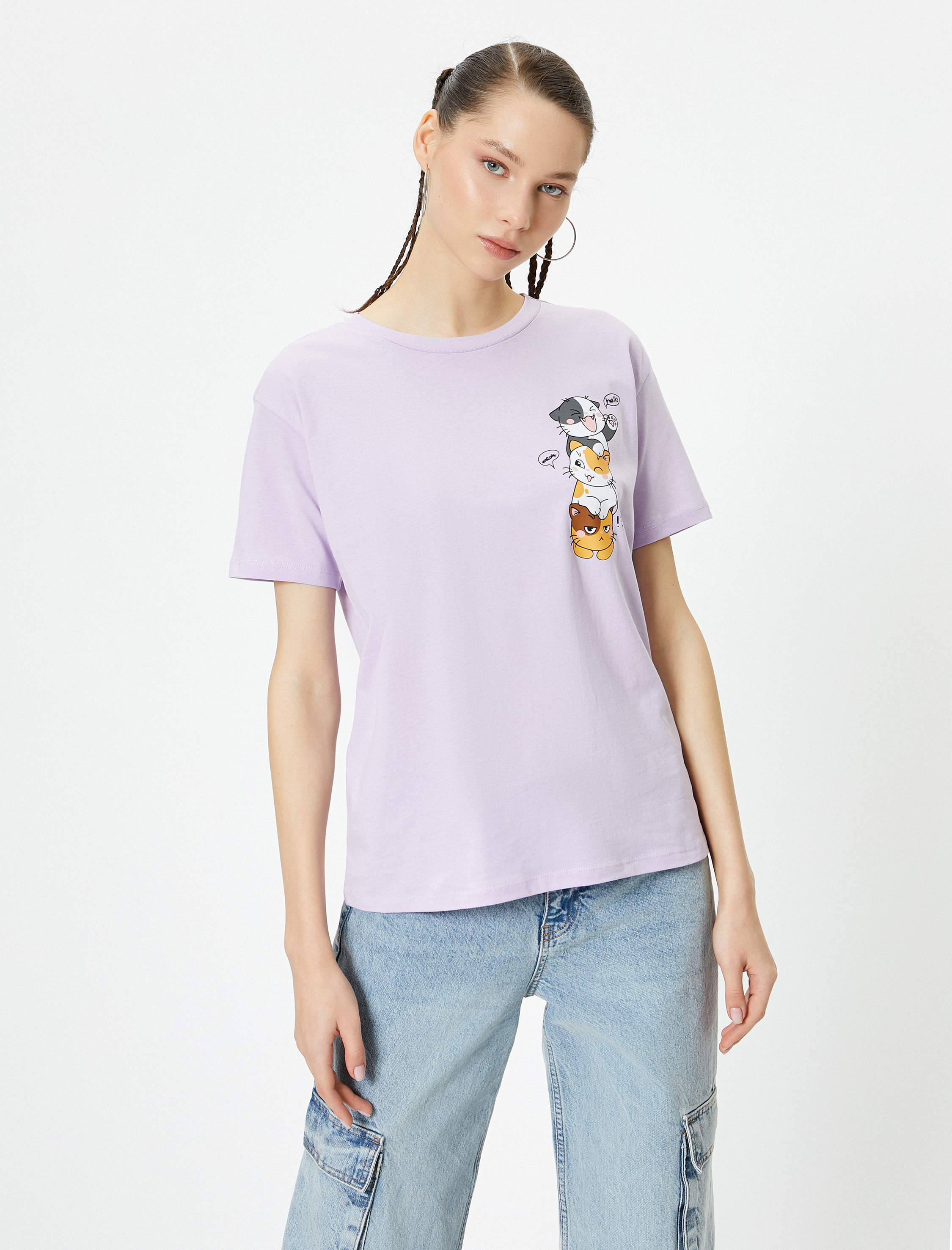 Kedili Tişört Kısa Kollu Bisiklet Yaka Rahat Kalıp