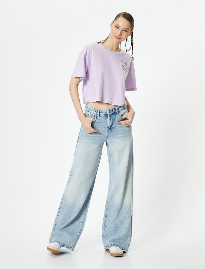  Kısa Tişört Koala Baskılı Kısa Kollu Bisiklet Yaka Rahat Kalıp Pamuklu