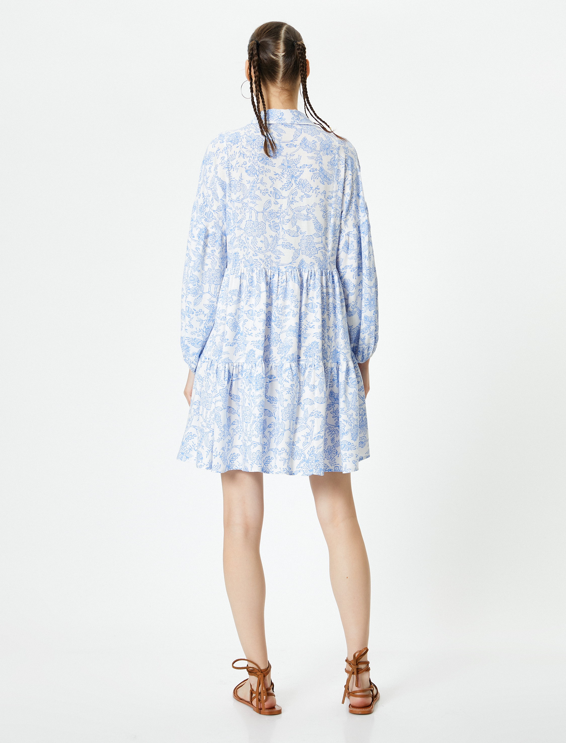   Oversize Çiçekli Elbise Uzun Kollu Gömlek V Yaka Bağlama Detaylı Katlı Fiyonk Detaylı