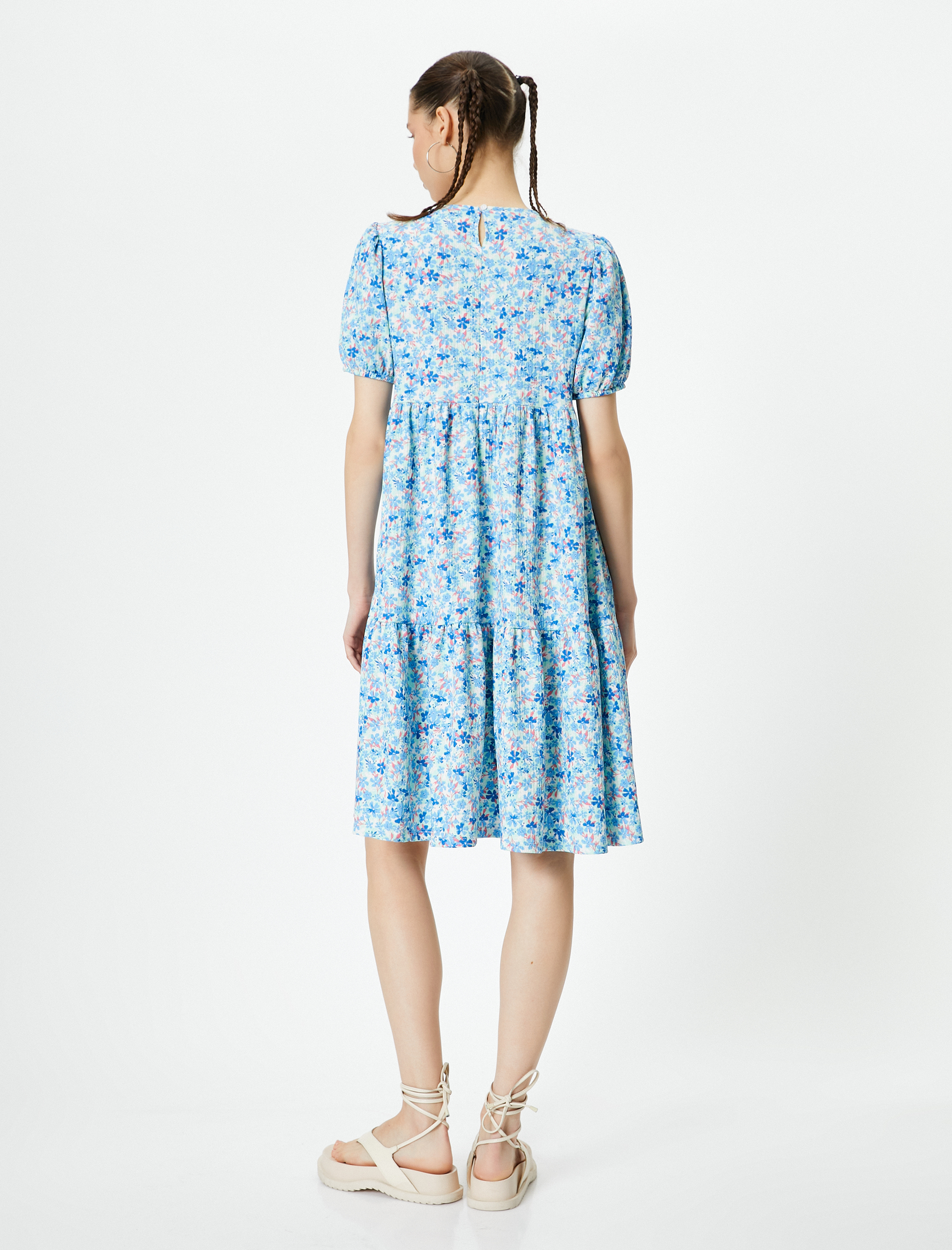   Balon Kol Çiçekli Elbise Midi Boy Rahat Kalıp Bisiklet Yaka Dokulu Bürümcük