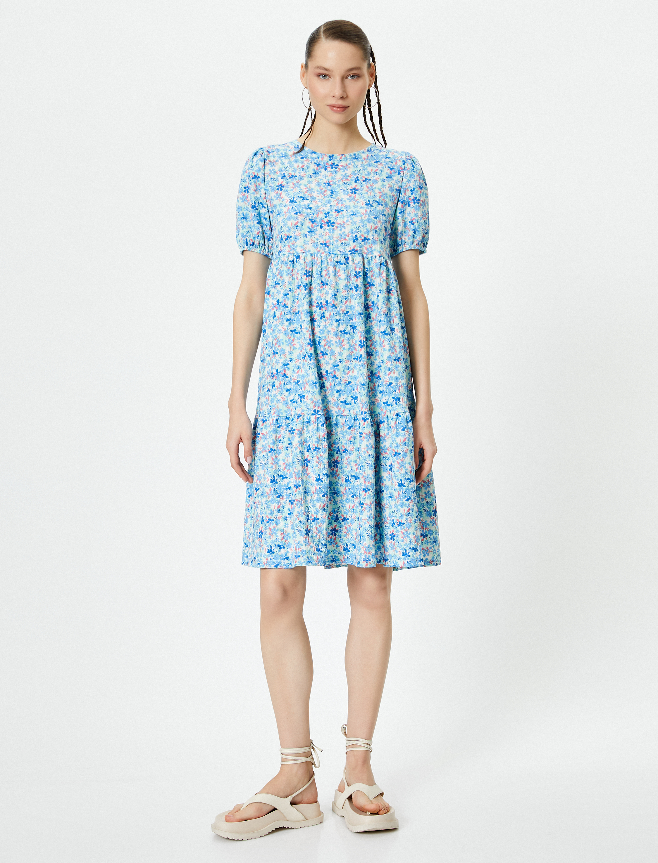   Balon Kol Çiçekli Elbise Midi Boy Rahat Kalıp Bisiklet Yaka Dokulu Bürümcük