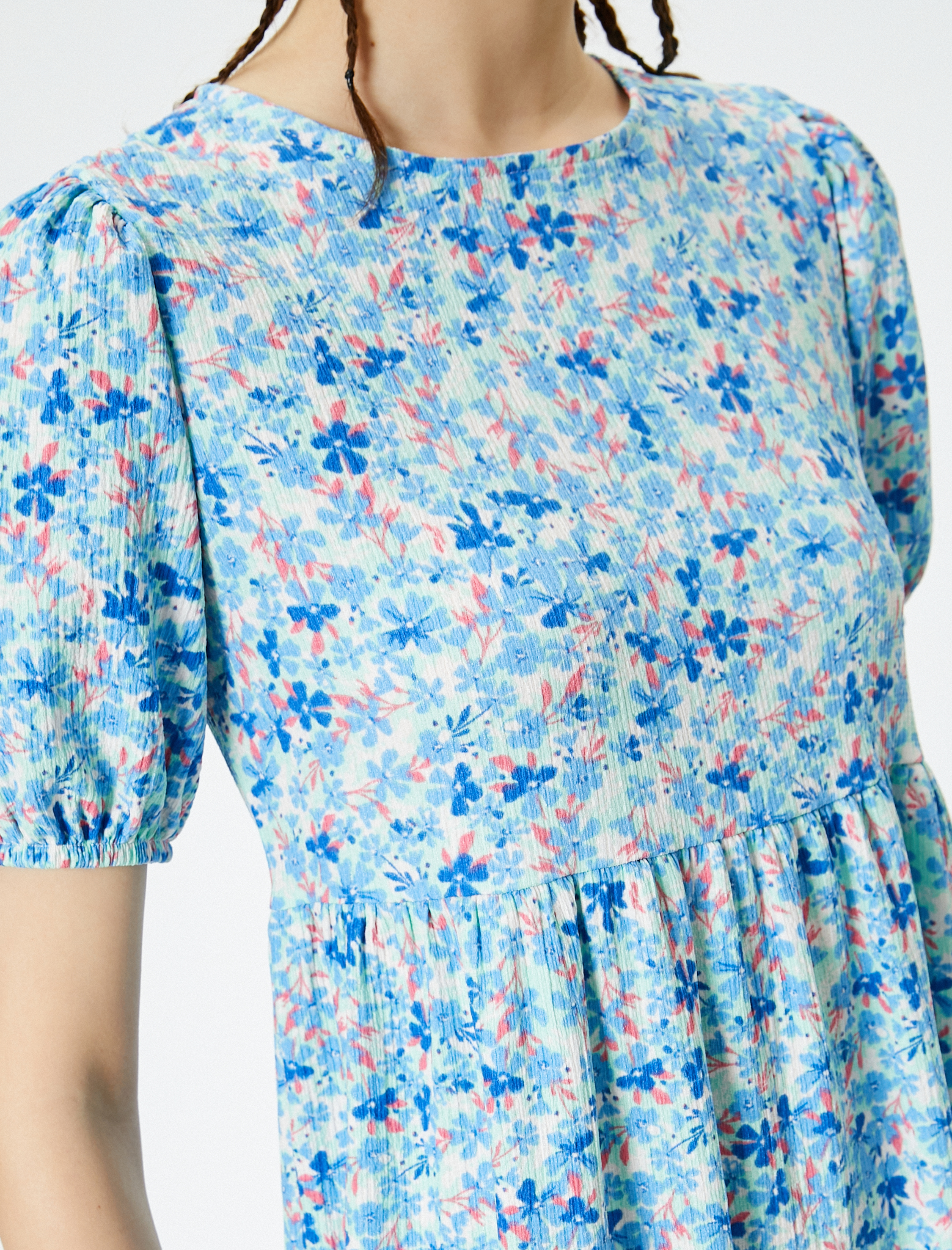   Balon Kol Çiçekli Elbise Midi Boy Rahat Kalıp Bisiklet Yaka Dokulu Bürümcük