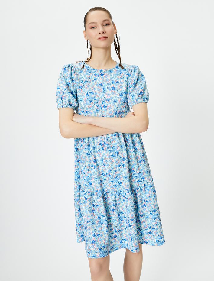  Balon Kol Çiçekli Elbise Midi Boy Rahat Kalıp Bisiklet Yaka Dokulu Bürümcük