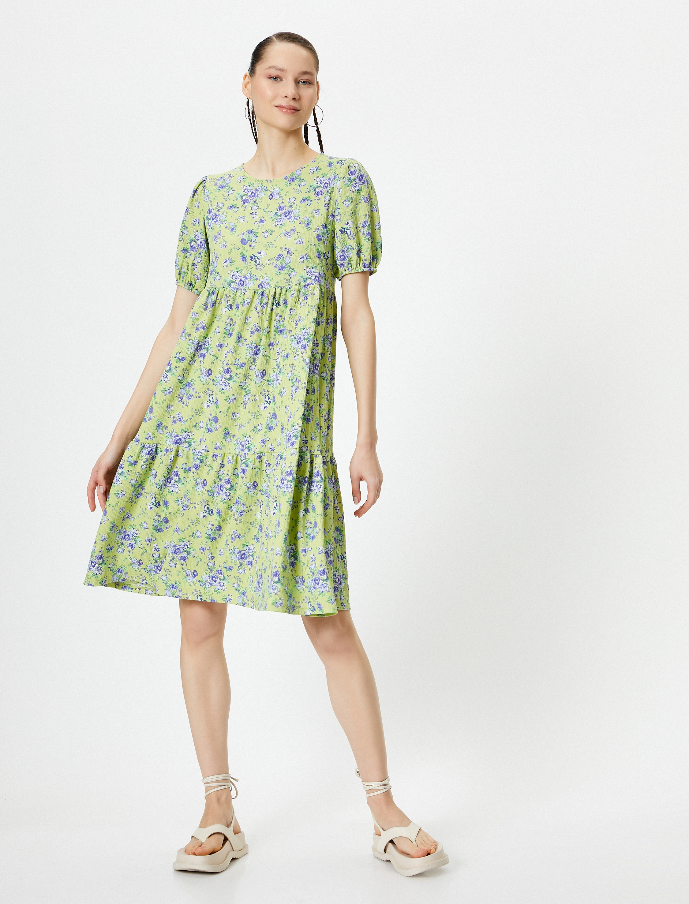   Balon Kol Çiçekli Elbise Midi Boy Rahat Kalıp Bisiklet Yaka Dokulu Bürümcük